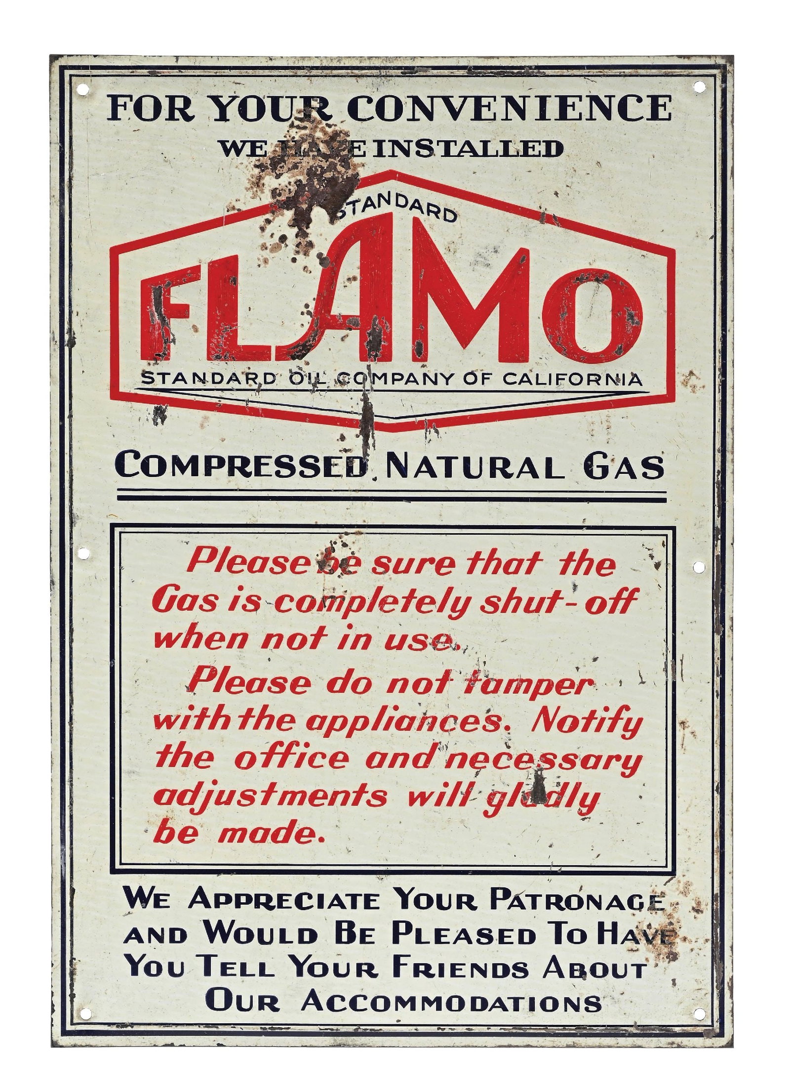 STANDARD OIL FLAMO COMPRESSED NATURAL GAS EMBOSSED TIN SIGN: SST. C. 1940s. CONDITION: Bright & glossy, showing light surface scratches in the field with some minor paint loss in the upper field. Light mounting hole wear with general use wear along the outer ed