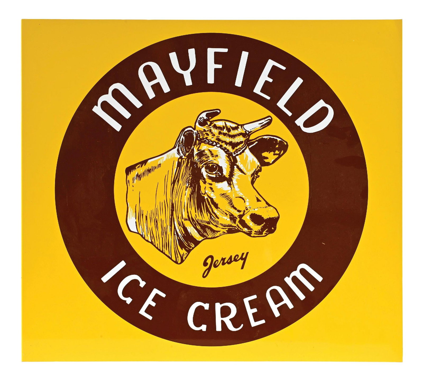 MAYFIELD ICE CREAM N.O.S TIN FLANGE SIGN W/ COW GRAPHIC.: DST. CONDITION: Outstanding color & gloss throughout each side showing no notable wear with excellent condition graphic. No notable wear at the flange or on the outer edges. An excellent example throu