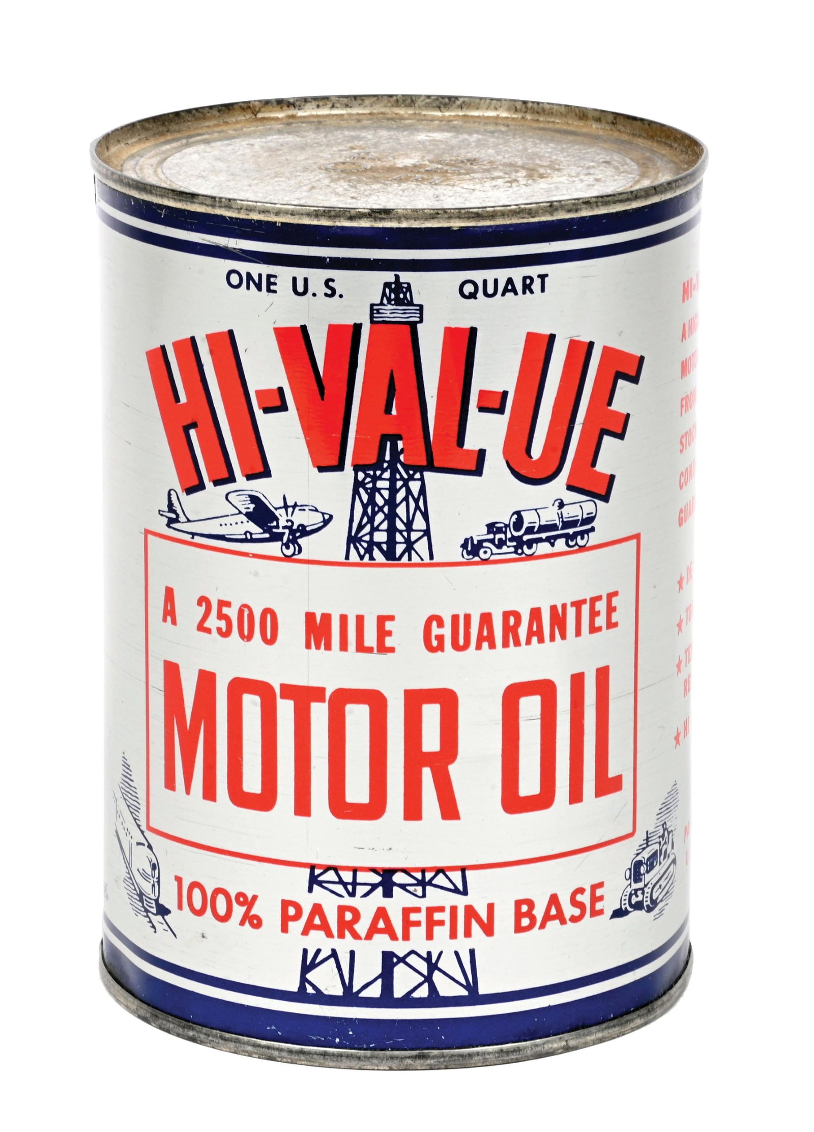 HI-VAL-UE MOTOR OIL ONE QUART CAN W/ AIRPLANE, TRUCK, TRAIN & TRACTOR GRAPHIC.: One Quart Can. C. 1940s. CONDITION: Outstanding color & gloss throughout, showing very clean fields on both sides free of any notable wear. Side two showing one minor rub along the lower rim. Excellen