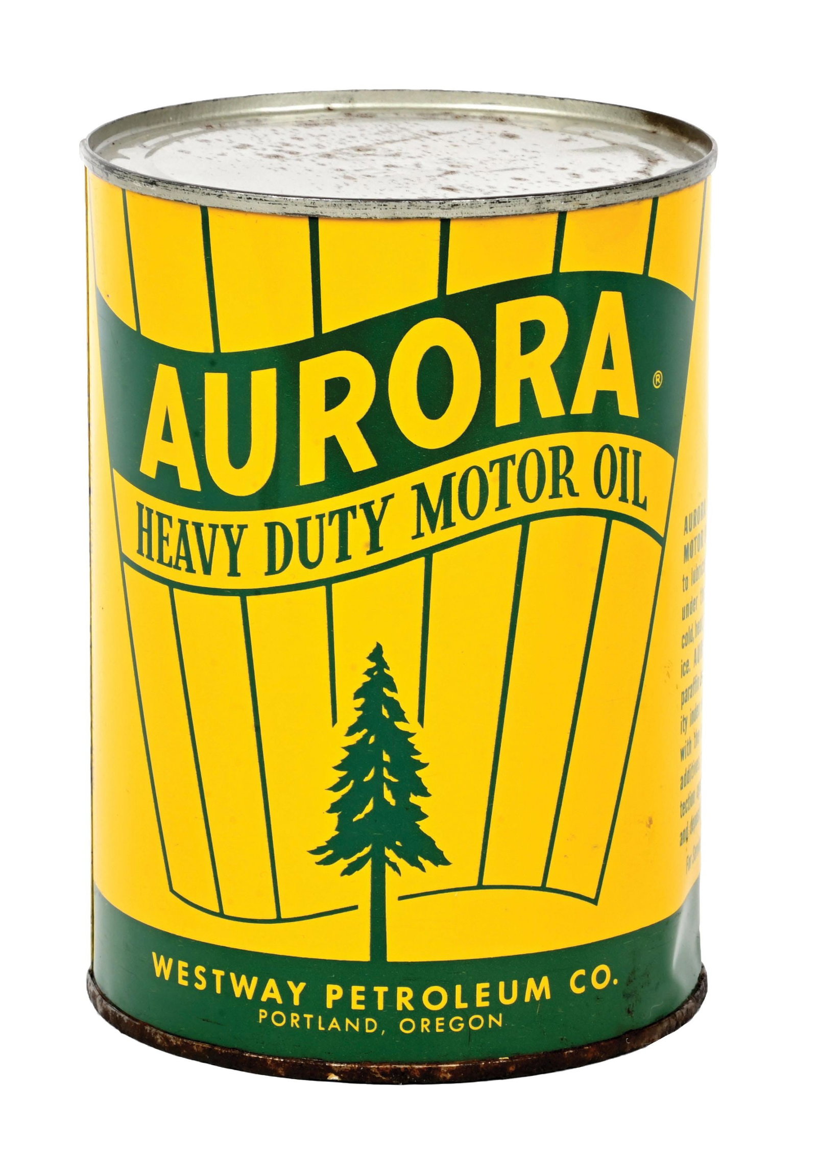 AURORA HEAVY DUTY MOTOR OIL ONE QUART CAN: One Quart Can. C. 1950s. Westway Petroleum Co., Portland, Oregon. CONDITION: Outstanding color & gloss throughout, showing no notable field wear on either side with excellent condition script and grap