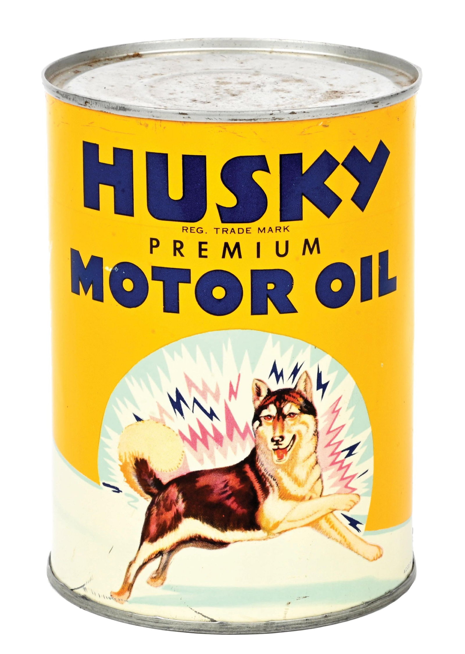OUTSTANDING HUSKY PREMIUM MOTOR OIL ONE QUART CAN: One Quart Can. C. 1940s. Western Oil & Fuel Co., Minneapolis, MN. CONDITION: Brilliant color & gloss throughout the field of each side, showing excellent condition graphics on both sides. Minor areas 