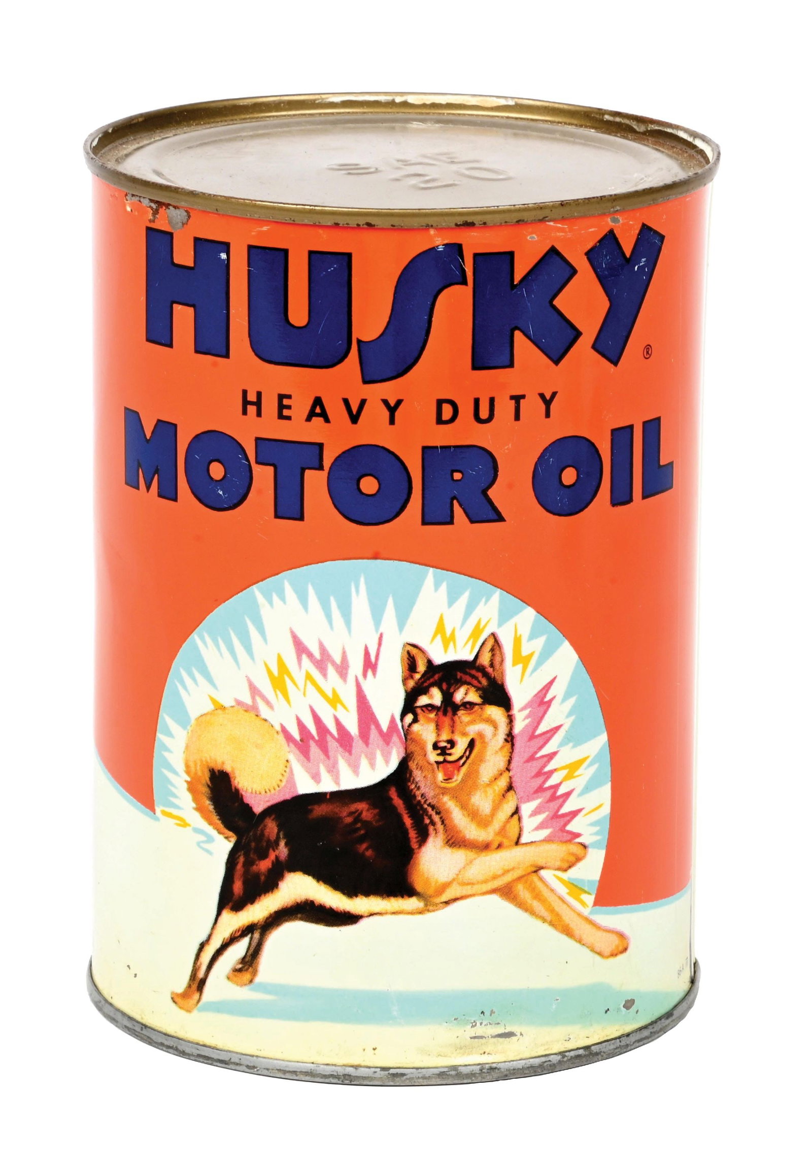 RARE HUSKY HEAVY DUTY MOTOR OIL QUART CAN: One Quart Can. C. 1940s. Husky Oil Company, Cody, Wyoming. CONDITION: Outstanding color & gloss throughout each side showing multiple graphics in excellent condition. Lettering on each side also in ou