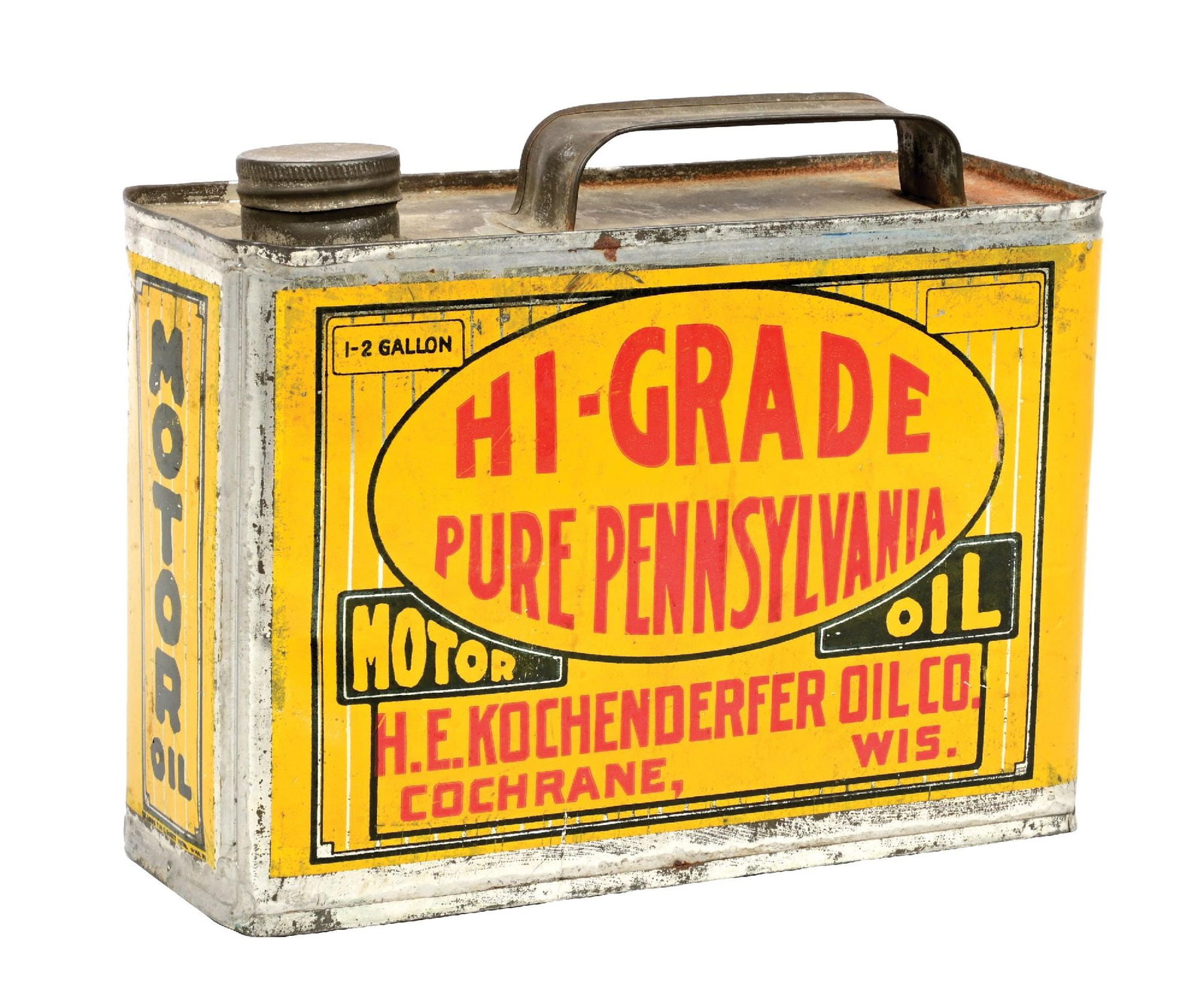 HI-GRADE PURE PENNSYLVANIA MOTOR OIL GALLON GALLON CAN W/ RACE CAR GRAPHIC.: Half Gallon Can. C. 1920s. H.E. Kochenderfer Oil Company, Cochrane, Wisconsin. CONDITION: Bright and glossy throughout showing outstanding condition race car graphic. Minimal areas of light surface we