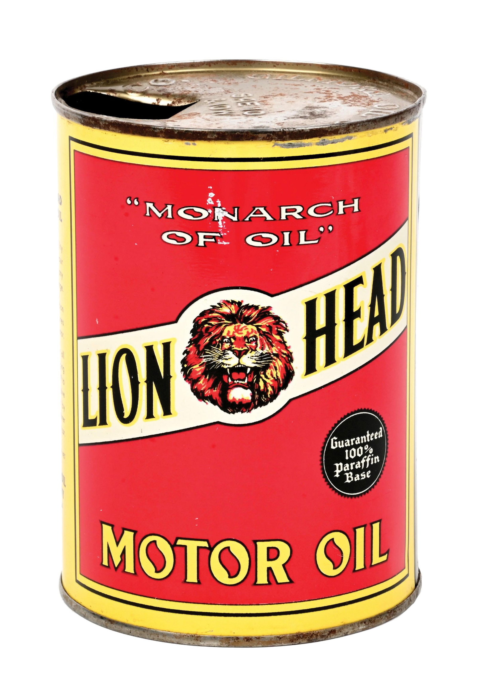 GILMORE LION HEAD MOTOR OIL "MONARCH OF OIL" ONE QUART CAN: One Quart Can. Gilmore Oil Co., Los Angeles, California. CONDITION: Brilliant condition throughout, showing excellent color & gloss with clean Lion graphics on each side. One minimal scuff at the uppe