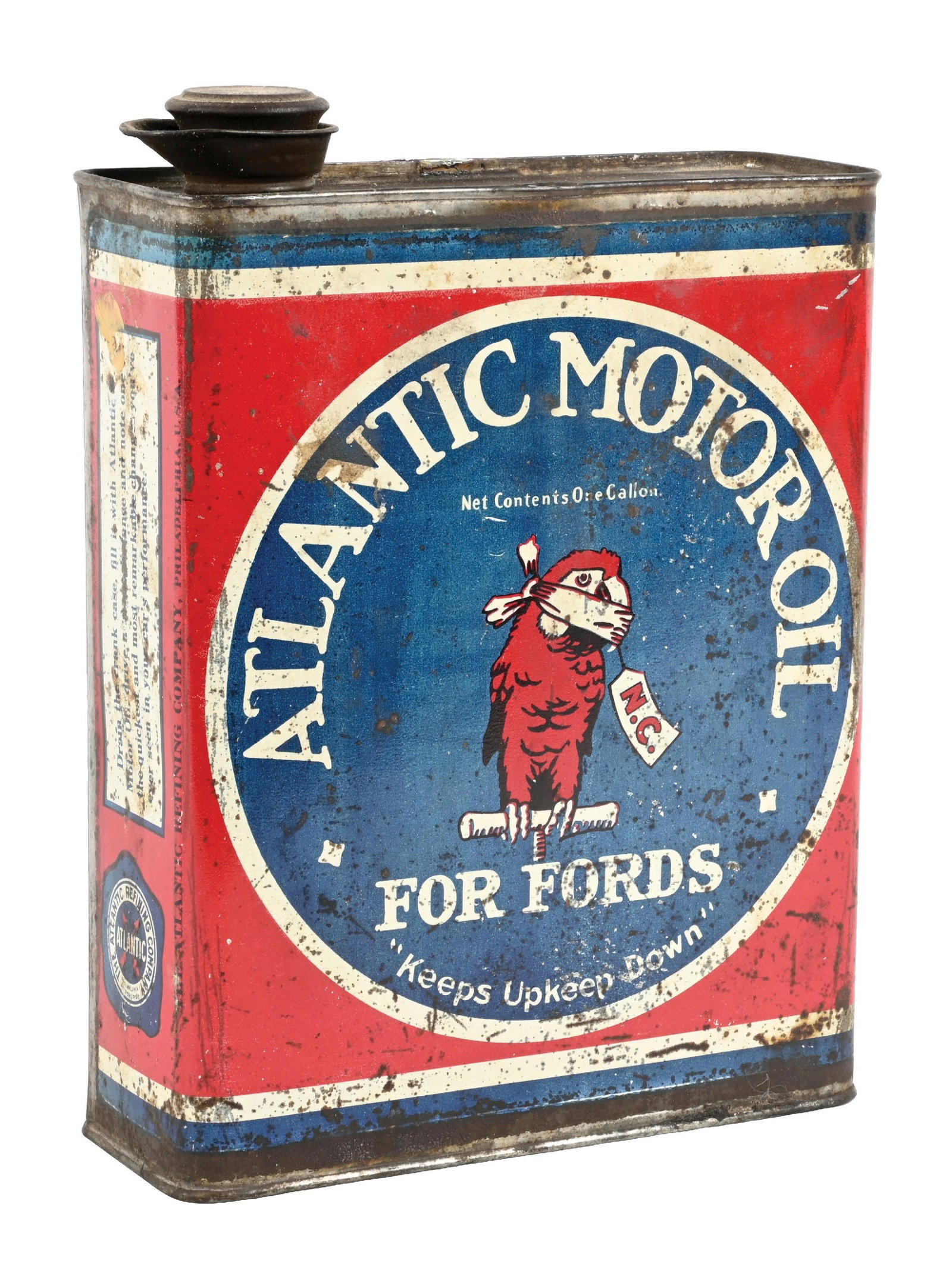 ATLANTIC MOTOR OIL "FOR FORDS" ONE GALLON CAN W/ PARROT GRAPHIC. (1 of 4)