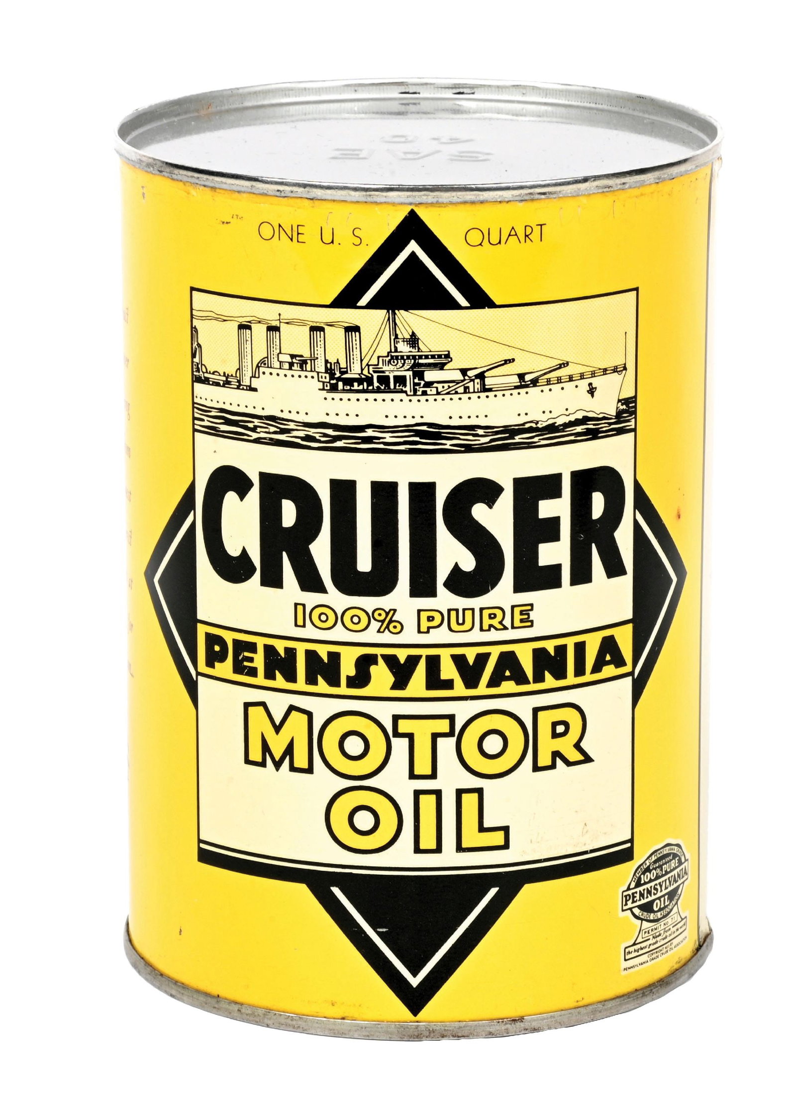 CRUISER PURE PENNSYLVANIA MOTOR OIL ONE QUART CAN WITH BATTLESHIP GRAPHIC: One Quart Can. C. 1940s. CONDITION: Excellent color & gloss throughout, showing clean graphics on both sides. Minor areas of light wear at the top and bottom rims. Can is empty. An excellent displayin