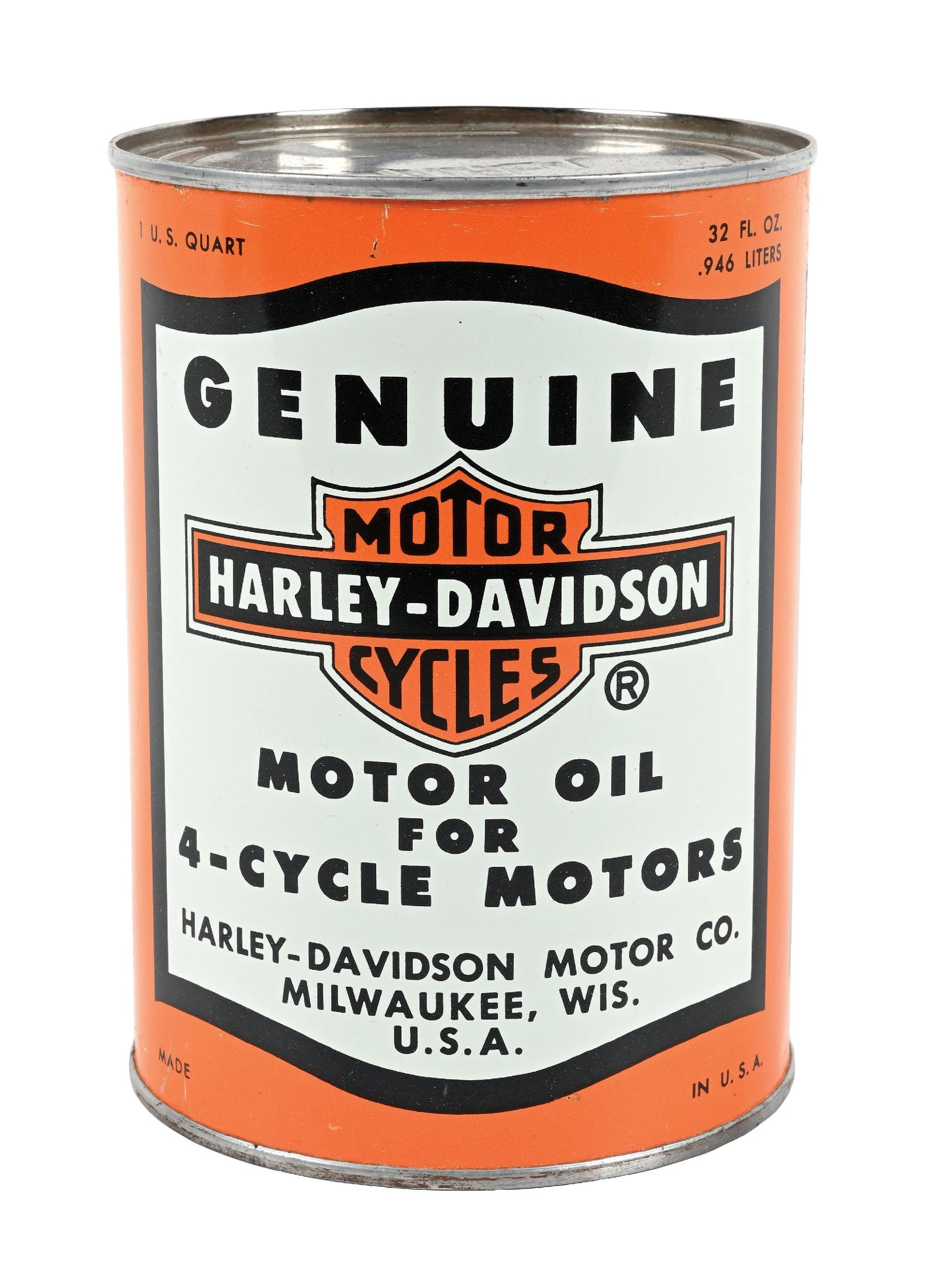 HARLEY-DAVIDSON MOTORCYCLE MOTOR OIL FOR 4-CYCLE MOTORS ONE QUART CAN.: One Quart Can. C. 1950s. CONDITION: Exceptionally clean throughout showing bright color & gloss with no notable field wear. Minor scratch area at the upper left of the backside. Showing a crimped seam