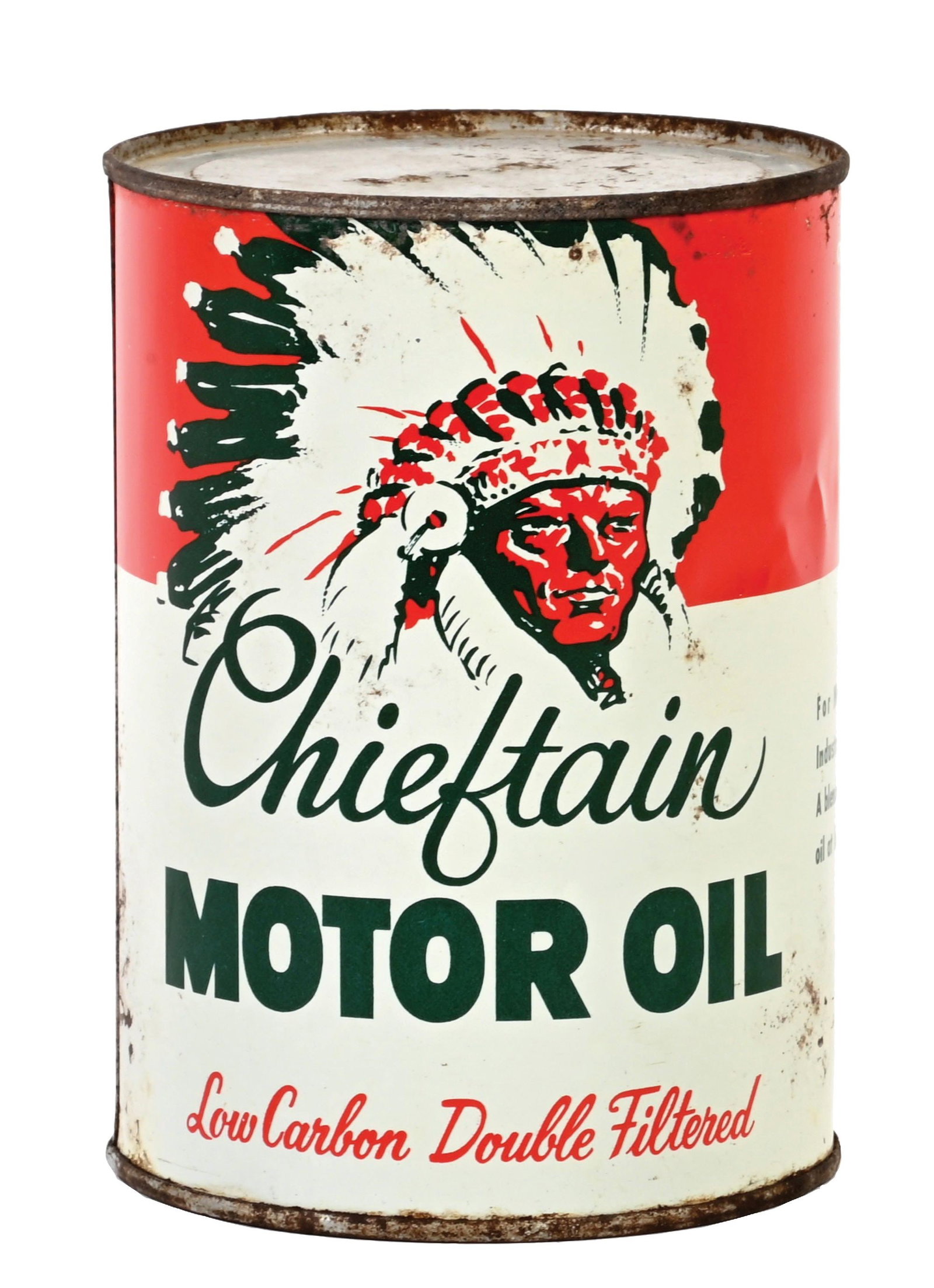RARE CHIEFTAIN MOTOR OIL ONE QUART CAN W/ INDIAN GRAPHIC.: One Quart Can. C. 1950s. CONDITION: Showing bright color & gloss throughout each side with very clean Native American graphic on each side. Minor areas of light rippling in the outer field as well as 