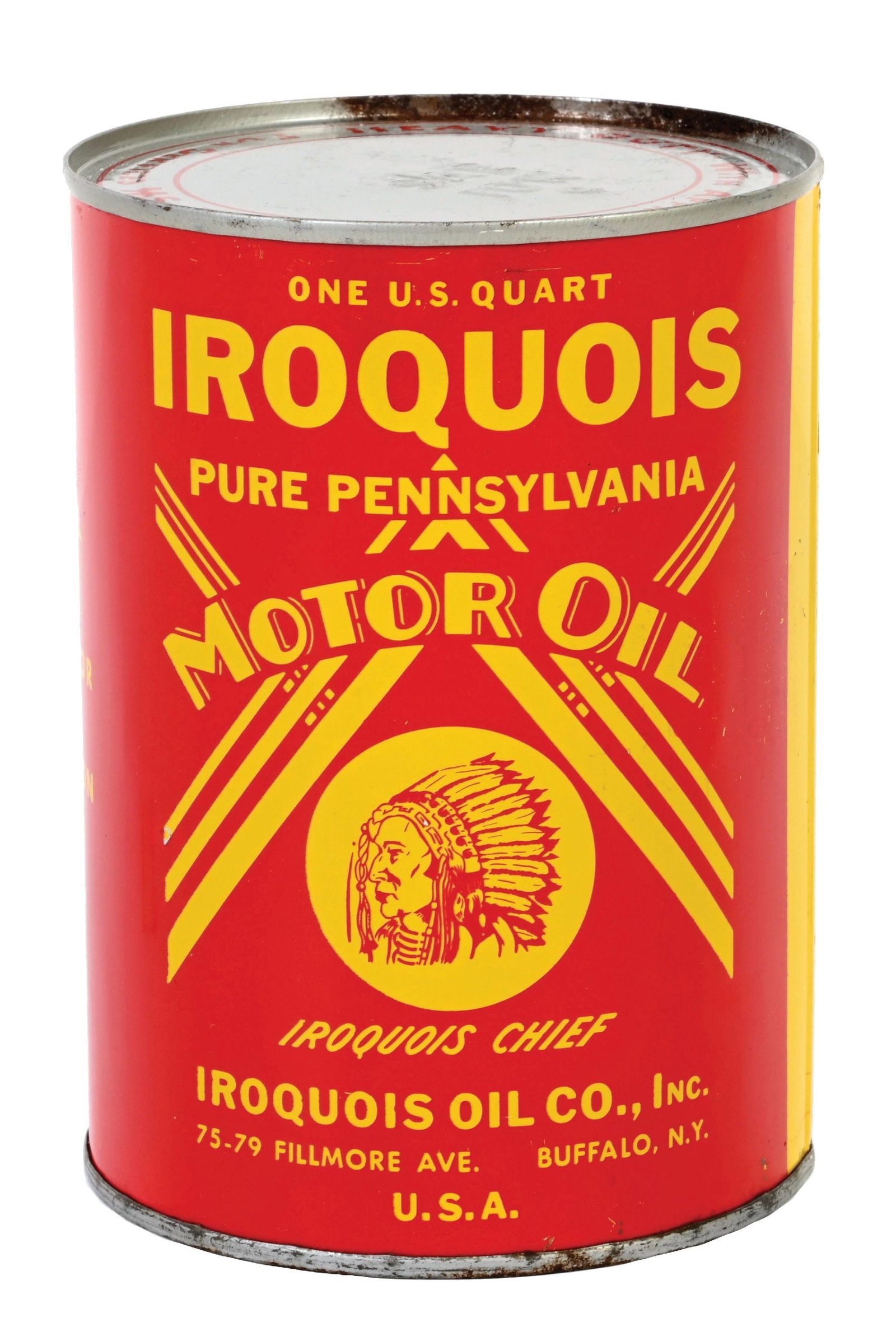 OUTSTANDING IROQUOIS MOTOR OIL ONE QUART CAN: One Quart Can. C. 1940s. CONDITION: Outstanding color & gloss throughout showing clean graphics on each side. Minimal areas of light surface rubs near the seam but overall very clean. Excellent condit