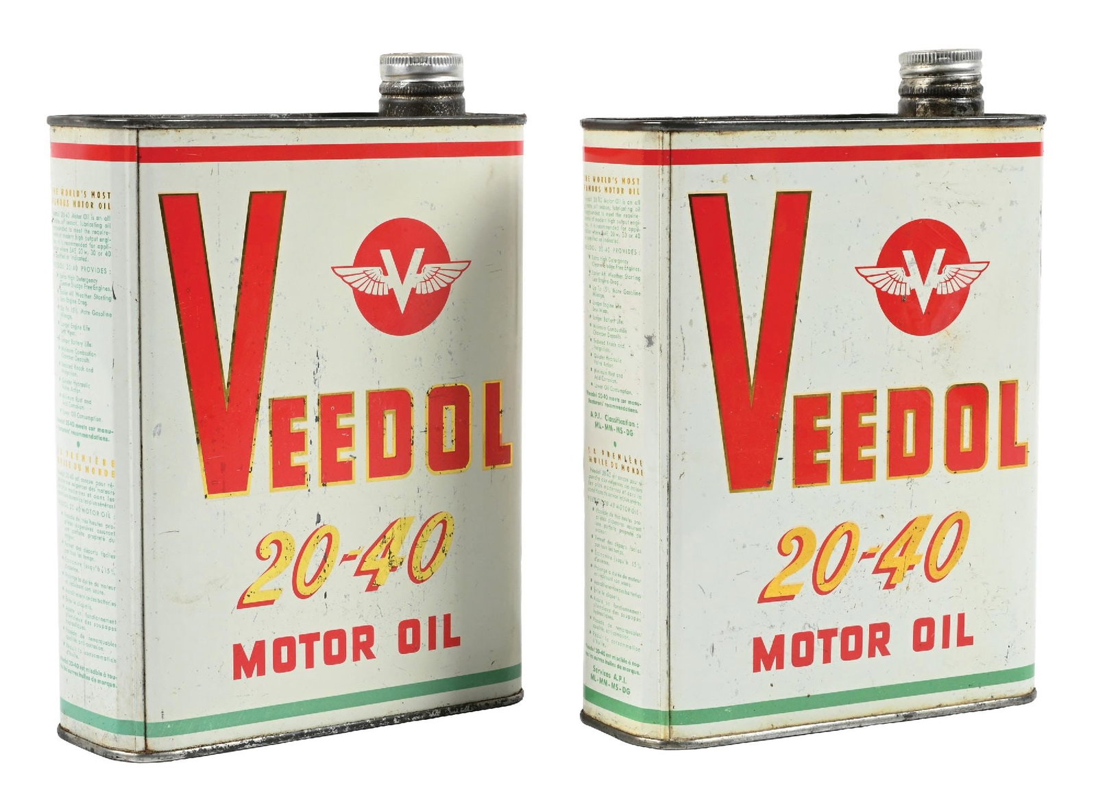 COLLECTION OF 2: VEEDOL 20-40 MOTOR OIL TWO LITER CANS.: CONDITION: Each in good condition showing general areas of surface scratching, light denting and age wear. Cans each show their original lid and are empty. Condition: (Various). Dimensions: Largest it