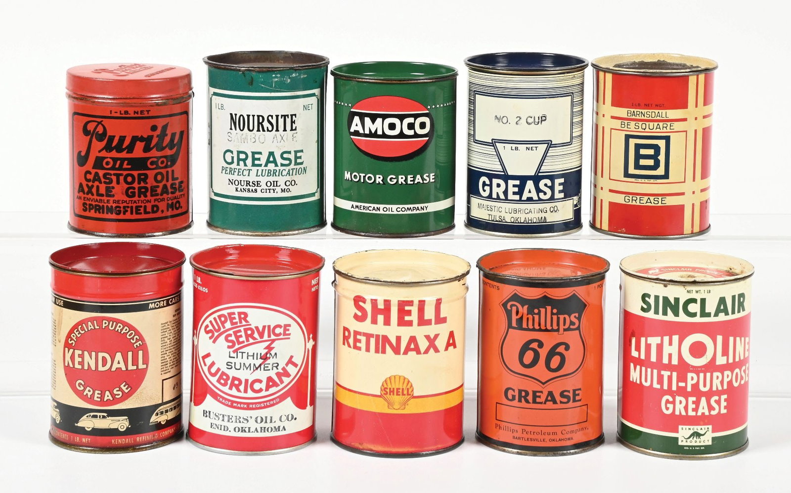 COLLECTION OF 10: VARIOUS ONE POUND GREASE CANS. (1 of 2)