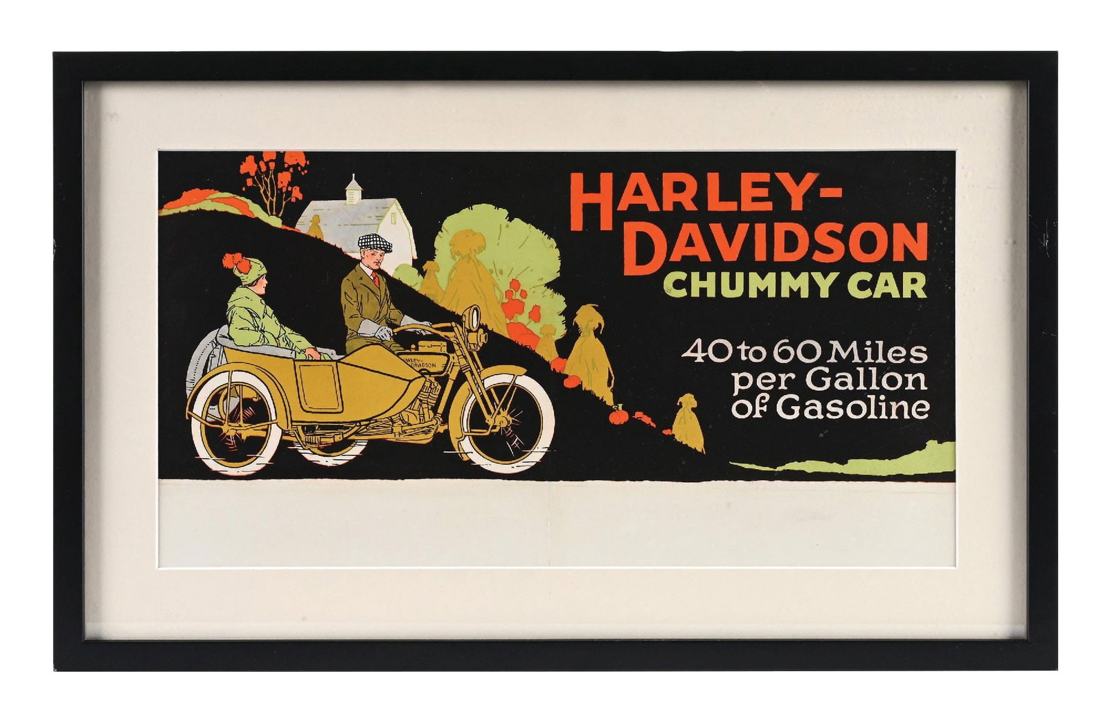 HARLEY-DAVIDSON CHUMMY CAR FRAMED CARDSTOCK TROLLEY CAR SIGN.: Single Sided Framed Cardstock Sign. C. 1920s. CONDITION: Excellent color throughout showing very faint fold lines in the center and lower fields. The crease lines have been very lightly color matched 