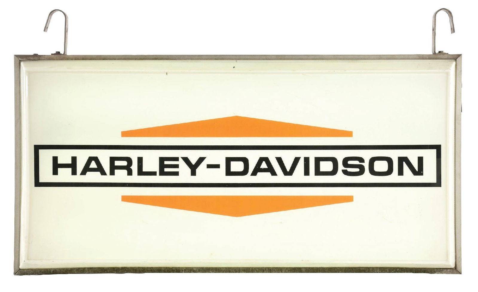 HARLEY-DAVIDSON MOTORCYCLES COMPLETE LIGHT-UP DEALERSHIP SIGN W/ ORIGINAL HANGERS: Two Single-Sided Plastic Light-Up Display Signs mounted back to back on original metal frame. Maker Marked Neon Products Incorporated, Lima, Ohio. CONDITION: Each side showing bright color & gloss wit