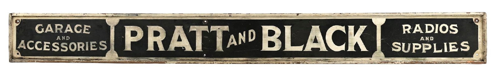 PRATT & BLACK GARAGE, RADIOS & ACCESSORIES HAND PAINTED WOOD SERVICE STATION SIGN.: Single Sided Hand Painted Wood with Original Wood Framing. C. 1920s. A large and impressive piece in all original condition for Pratt & Black Service Station advertising Garage & Accessories as well a