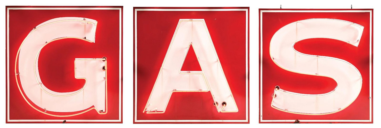 OUTSTANDING GAS DOUBLE SIDED THREE-PIECE PORCELAIN NEON SIGN.: Six individual Single Sided Porcelain Panels showing "GAS" one each side in red & white porcelain when all displayed together. CONDITION: Each panel is in outstanding condition throughout showing exce