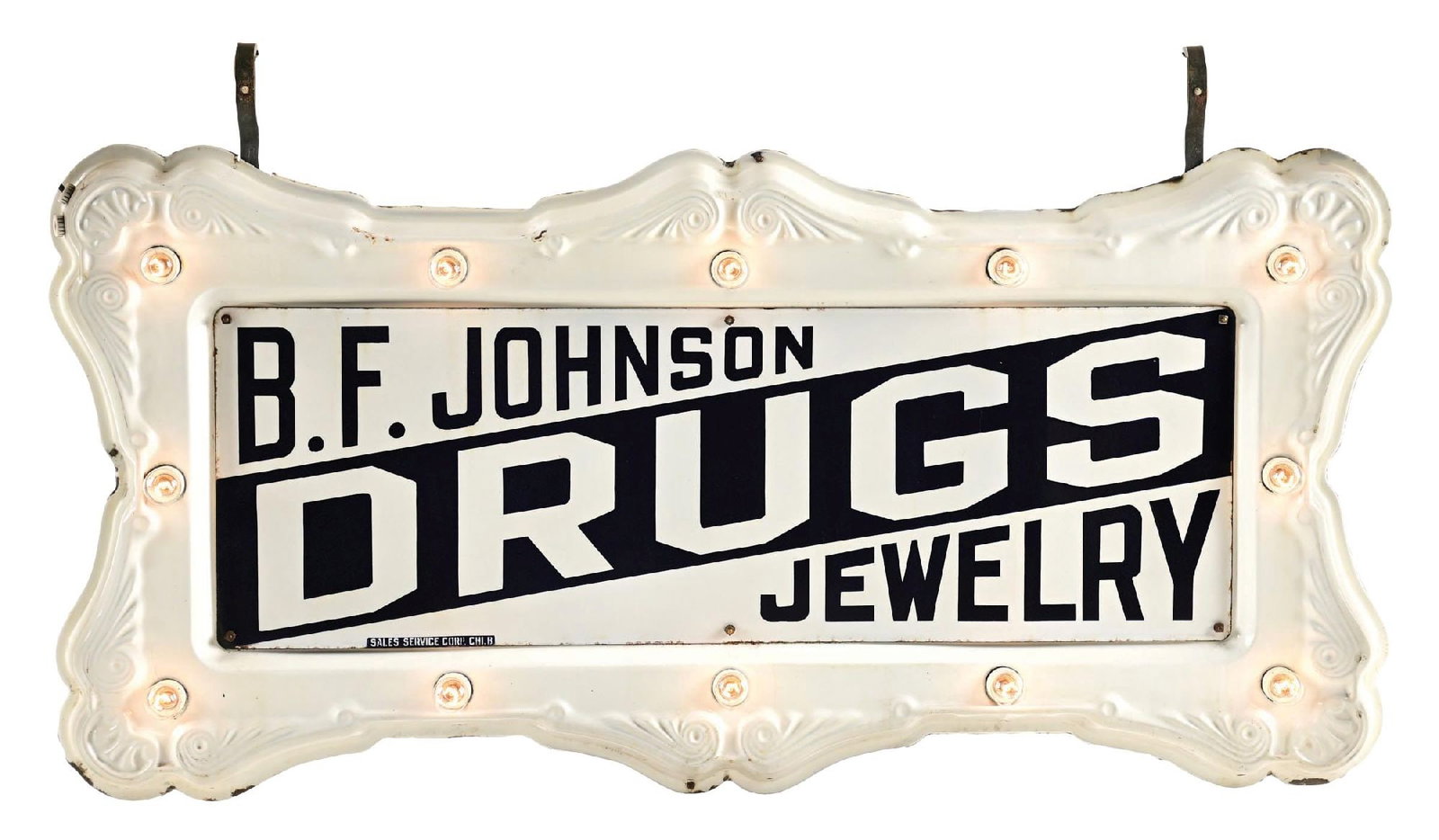 OUTSTANDING B.F. JOHNSON DRUGS & JEWELRY COMPLETE LIGHT UP SIGN W/ ORIGINAL DOUBLE SIDED PORCELAIN (1 of 5)