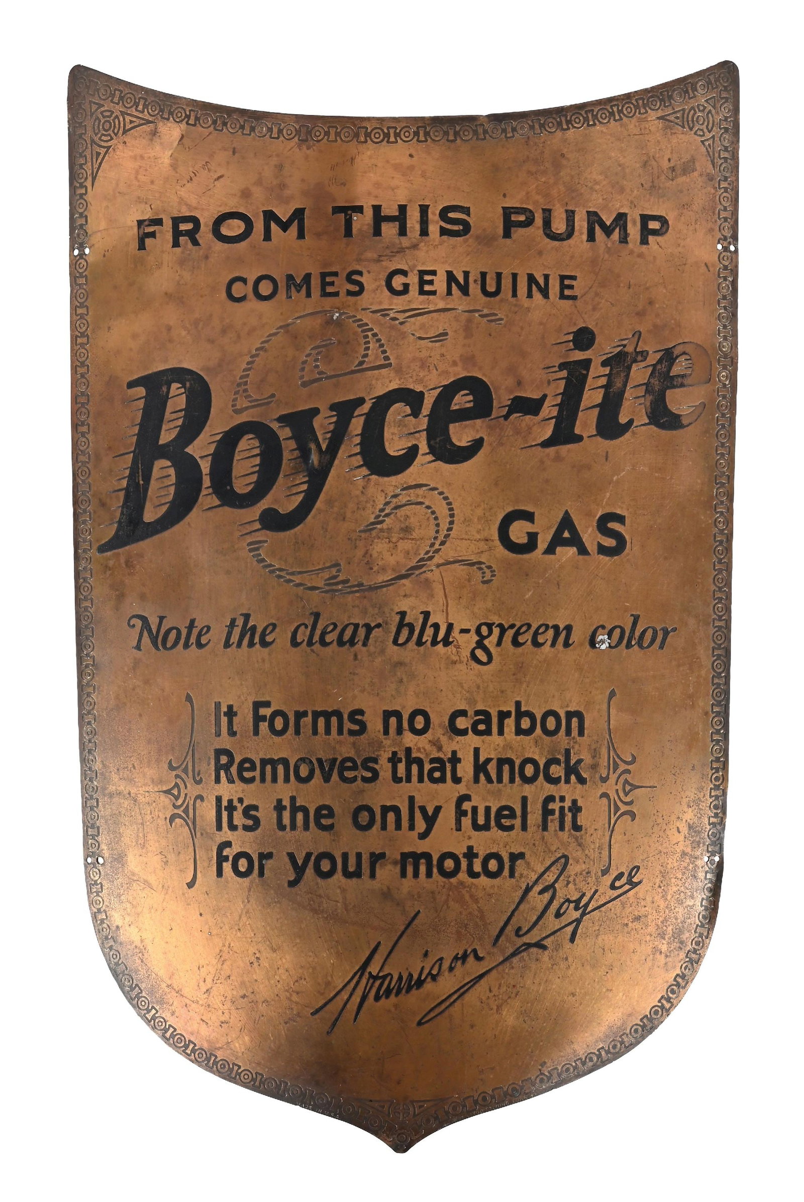 RARE BOYCE-ITE BLU-GREEN GAS STAMPED BRONZE PUMP PLATE SIGN.: Single Sided Stamped Brass. C.1920s. A very rare Pump Plate from Boyce-Ite, primarily used for advertising Gilmore Gasoline showing the slogan, "Note the clear blu-green color" in the lower field. CON