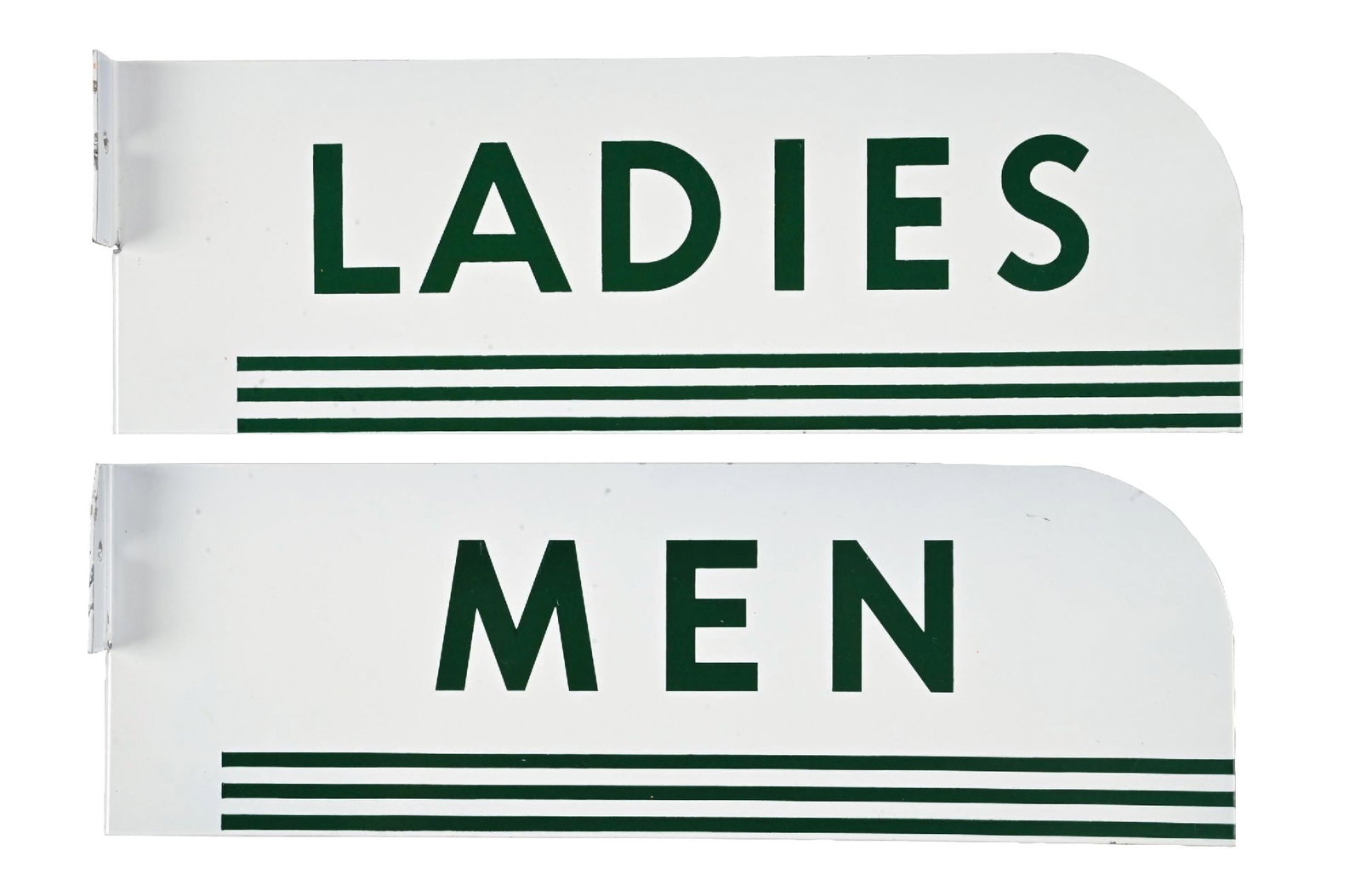 TEXACO LADIES & MEN N.O.S. TIN FLANGE SIGNS.: Pair of two N.O.S. Painted Metal Flanges from Texaco showing Men & Ladies. CONDITION: Each in outstanding n.o.s. condition with no notable wear other that some fine surface scratches from storage. Mou