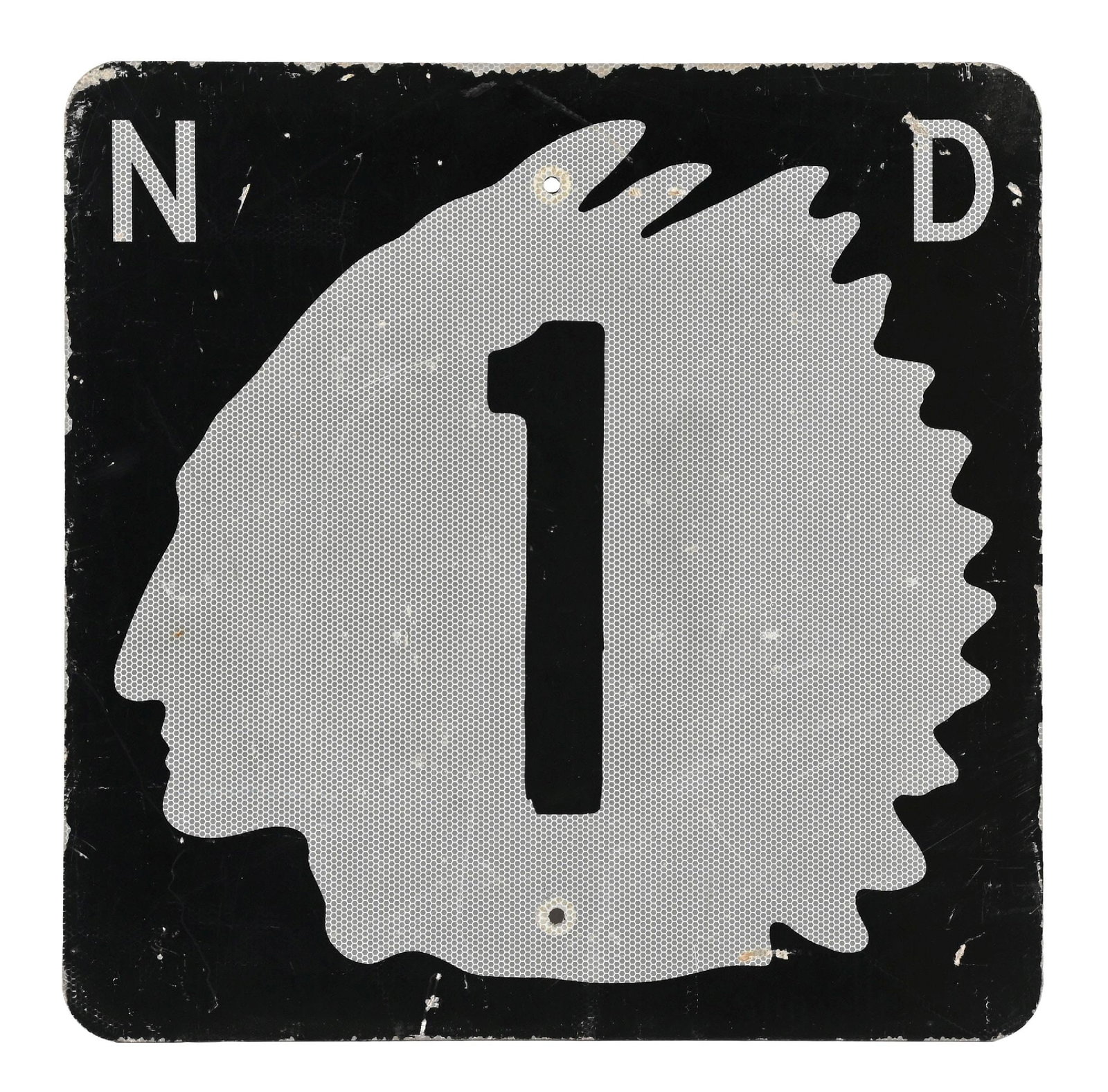 NORTH DAKOTA HIGHWAY 1 METAL REFLECTIVE ROAD SIGN WITH INDIAN HEAD GRAPHIC: Single-Sided Aluminum Sign. CONDITION: Overall very good, showing bright color & gloss with a reflective surface. Areas of general age wear and surface scratching present with areas of wear along the 