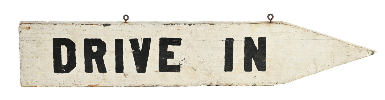 DRIVE IN HAND PAINTED WOOD DIRECTIONAL ARROW SIGN: Double Sided Hand Painted Wood. C. 1930s. CONDITION: Excellent throughout showing a beautiful age & patina with no notable areas of heavy damage. Showing clean outer edges with original eye hooks at t