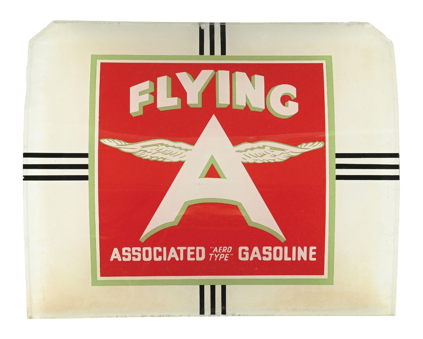 ASSOCIATED FLYING A A-38 AD GLASS PANEL: CONDITION: Showing very good color in the field with light chipping along the outer edges as well as some minor discoloration in the white backing. Condition: (8.5). Dimensions: 12" x 15".