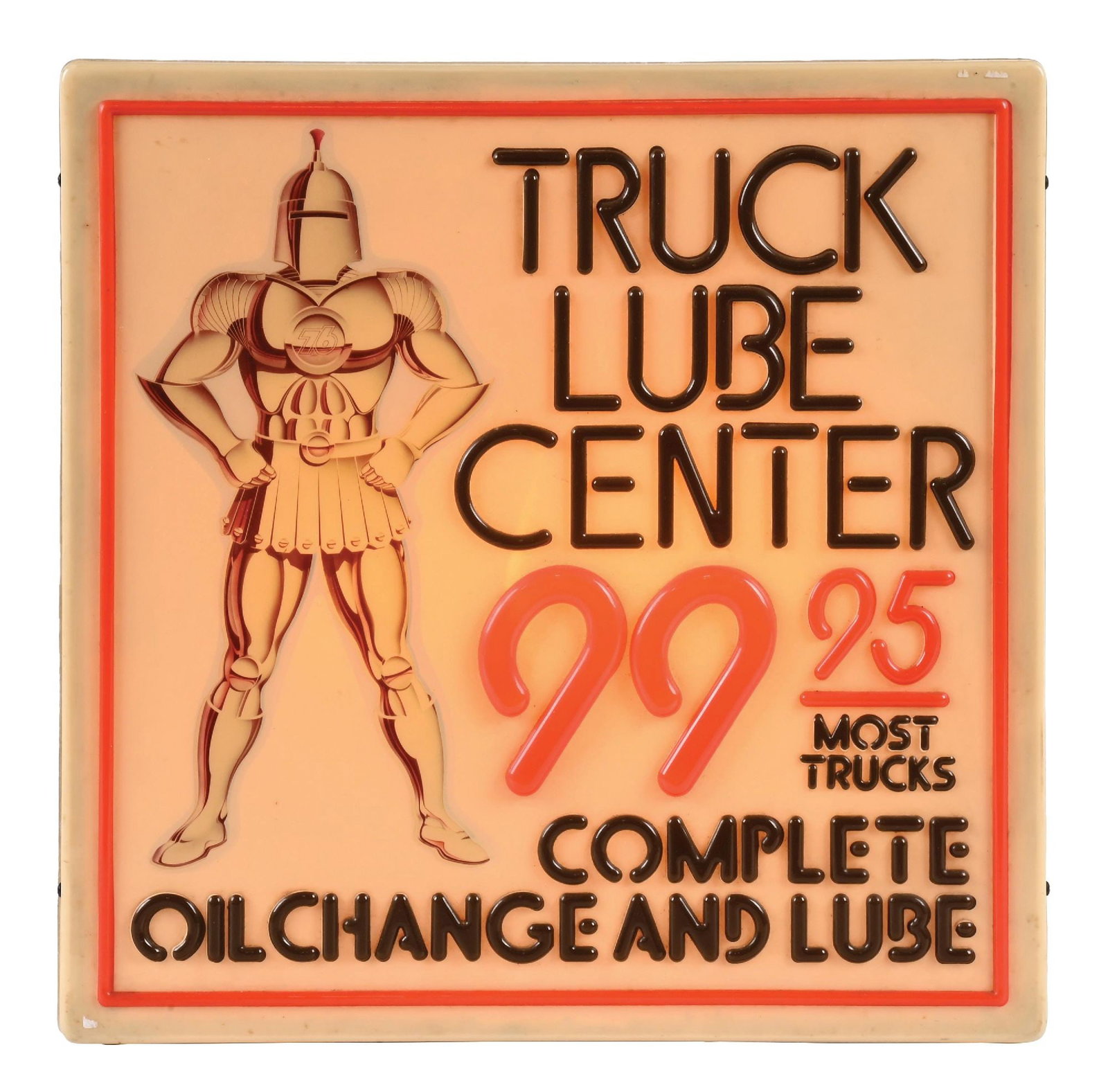 TRUCK LUBE CENTER COMPLETE OIL CHANGE AND LUBE EMBOSSED PLASTIC LIGHT UP SIGN: Single-Sided Vacuuform Plastic Light-Up Service Station Display. CONDITION: Excellent working order showing detailed graphic. Lights up nicely and shows only minimal wear to the face as well as the ca