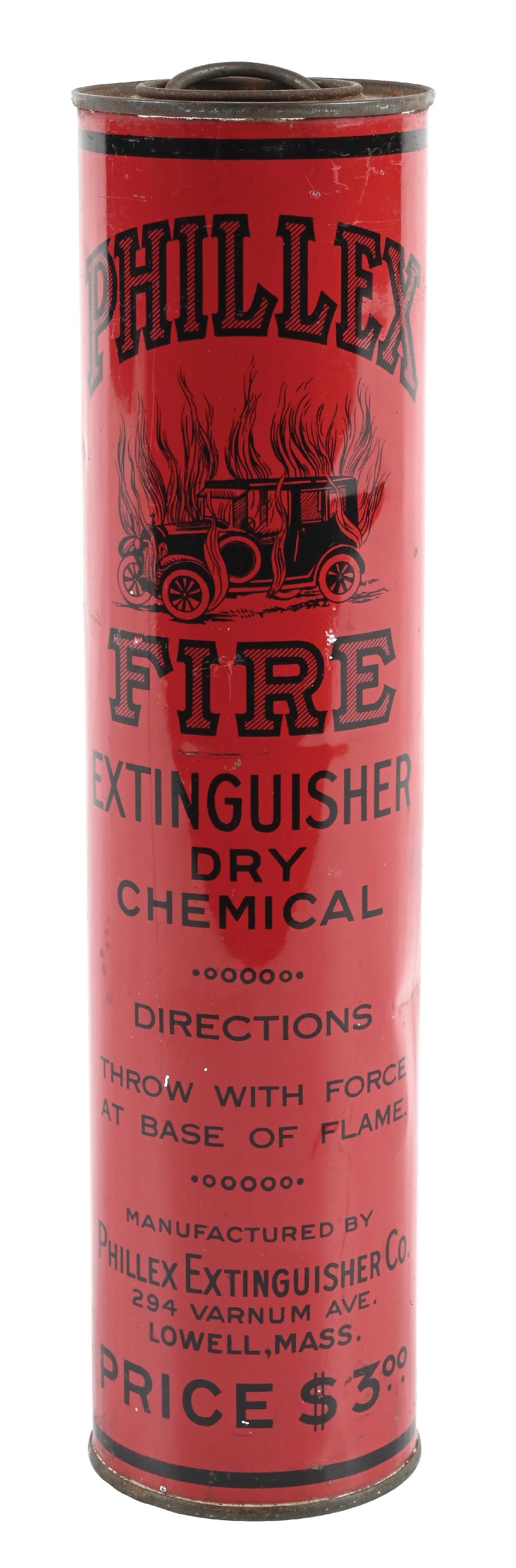 PHILLEX FIRE EXTINGUISHER CAN W/ AUTOMOBILE GRAPHIC: C. 1920s. CONDITION: Excellent color and gloss with minimal areas of light surface wear. Can is full, showing some very shallow dents. Original lid in excellent condition, showing unique Automobile Fi
