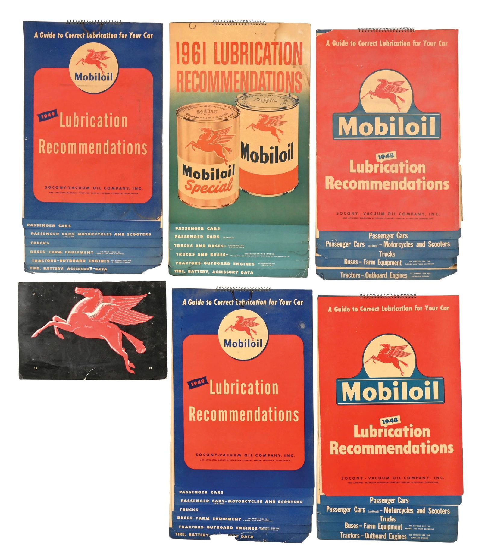COLLECTION OF 6: VARIOUS MOBILOIL LUBRICATION GUIDES & WINTERFRONT WITH PEGASUS GRAPHIC: C. 1940s - 1960s. CONDITION: Each showing good color with moderate age wear throughout each. Areas of folding and crease lines in the outer fields, overall bright and well displaying. Condition: (Vari