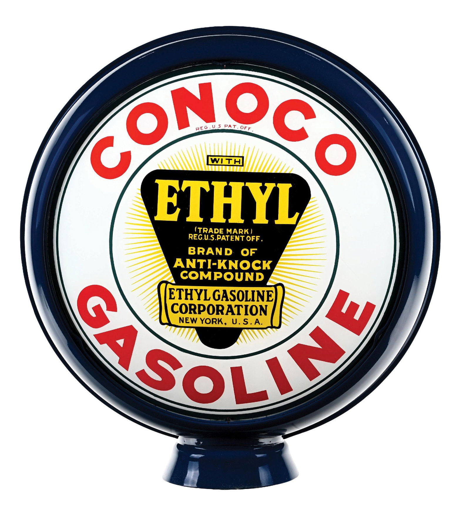 CONOCO ETHYL GASOLINE SINGLE 15" GLOBE LENS ON METAL HIGH PROFILE BODY: Single 15" Globe Lens on Metal High Profile Body. CONDITION: Outstanding condition lens throughout, showing excellent color & shine with no notable field wear. Outstanding condition outer edges,