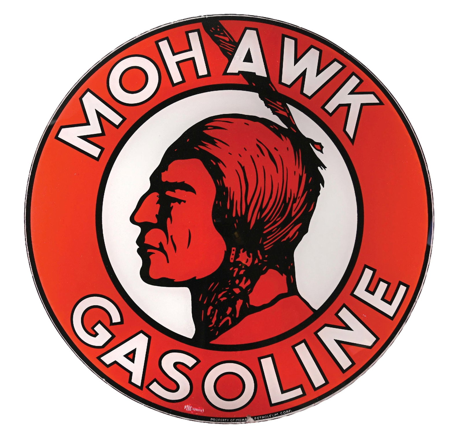OUTSTANDING MOHAWK GASOLINE SINGLE 15" GLOBE LENS: Single 15" Globe Lens. C. 1930s. Mohawk Petroleum Corporation, San Francisco, California. CONDITION: Brilliant color & gloss throughout, showing excellent Native American graphic at the center.