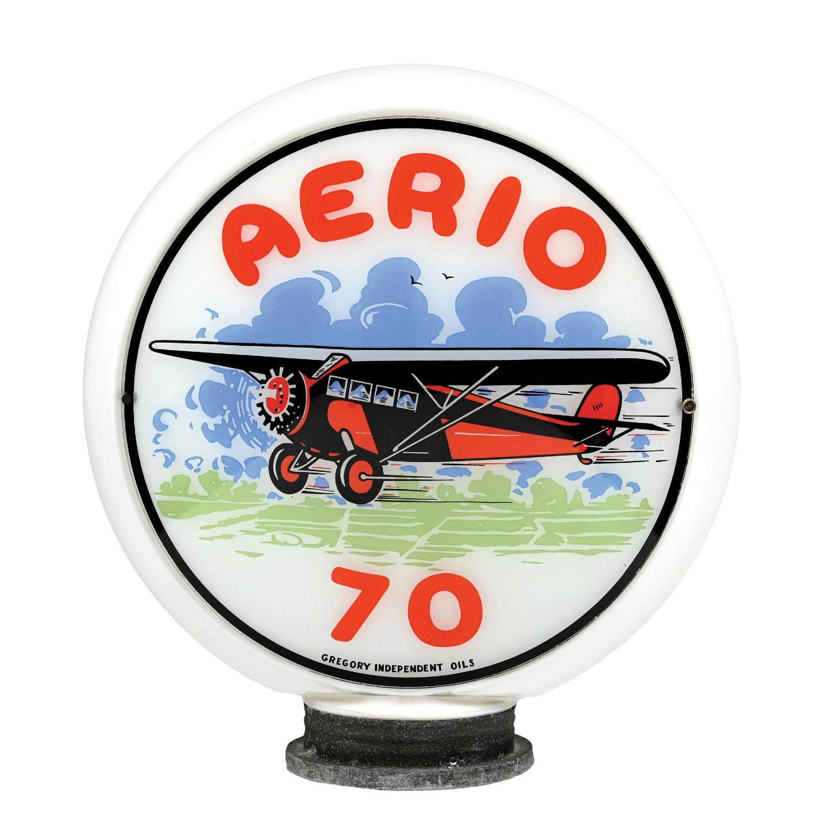RARE AERIO 70 GASOLINE SINGLE 13.5" GLOBE LENS ON ORIGINAL GLASS BODY W/ SCREW BASE: Single 13.5" Globe Lens on Milk Glass Body. Gregory Independent Oil Company, Gregory, South Dakota. CONDITION: Lens is in brilliant n.o.s. condition showing excellent color & gloss with no notable