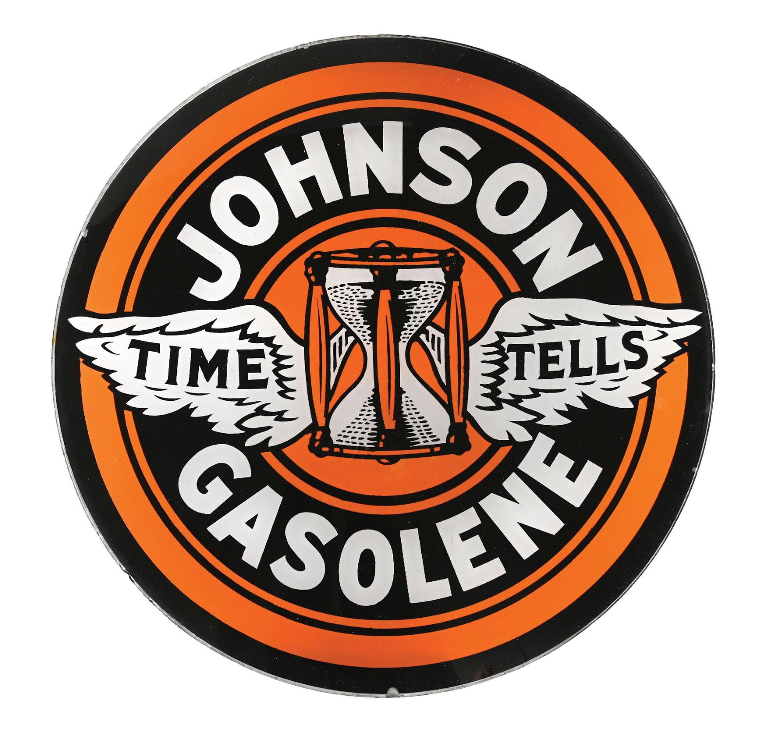 JOHNSON "TIME TELLS" GASOLENE SINGLE 15" GLOBE LENS W/ HOURGLASS GRAPHIC: Single 15" Globe Lens. Johnson Oil Refining, Chicago, Illinois. CONDITION: Excellent color & gloss throughout, showing just a few small spots of light age wear. Outer edges in excellent condition as