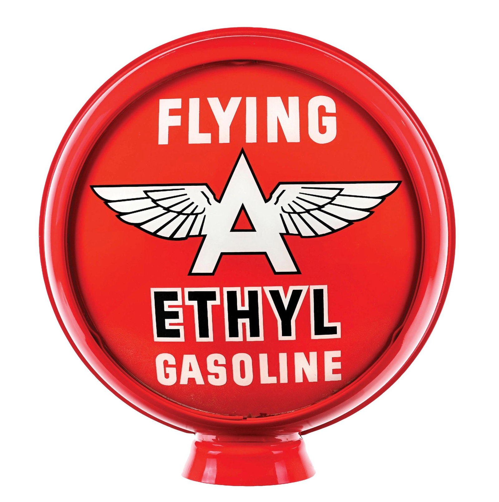 FLYING A ETHYL GASOLINE SINGLE 15" GLOBE LENS ON HIGH PROFILE METAL BODY.: Single 15" Globe Lens. C. 1950s. CONDITION: Lens shows excellent condition graphic with bright color & gloss in the field. Minor spotting at the lower edge with no notable edge wear present