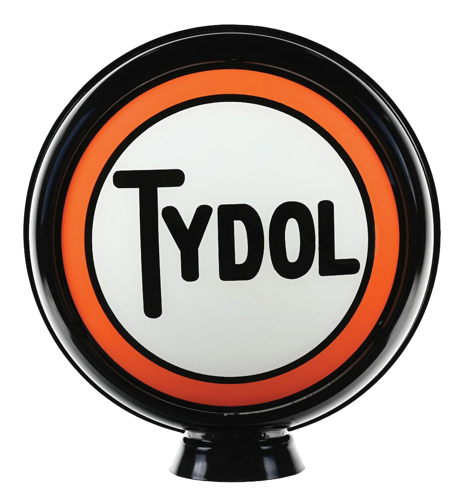TYDOL GASOLINE SINGLE 15" GLOBE LENS ON HIGH PROFILE METAL BODY: Single 15" Globe Lens on Metal High Profile Body with Frosted Lens on the backside. CONDITION: Brilliant throughout showing excellent color & gloss with no notable field wear. Outer edges also in