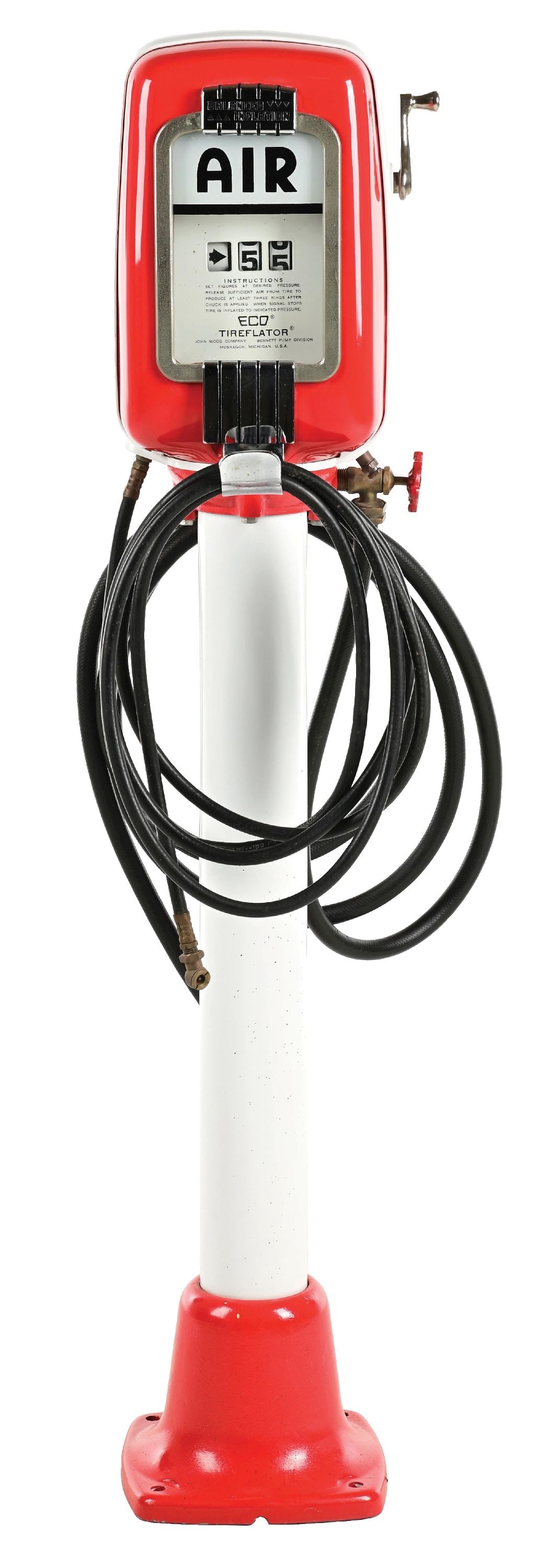 ECO TIREFLATOR SERVICE STATION AIR METER & WATER DISPENSER W/ PEDESTAL BASE.: CONDITION: Meter showing an excellent restoration done in red & white showing electrical cord intact as well as air & water hoses. Very minimal areas of light wear but overall excellent throughout. A
