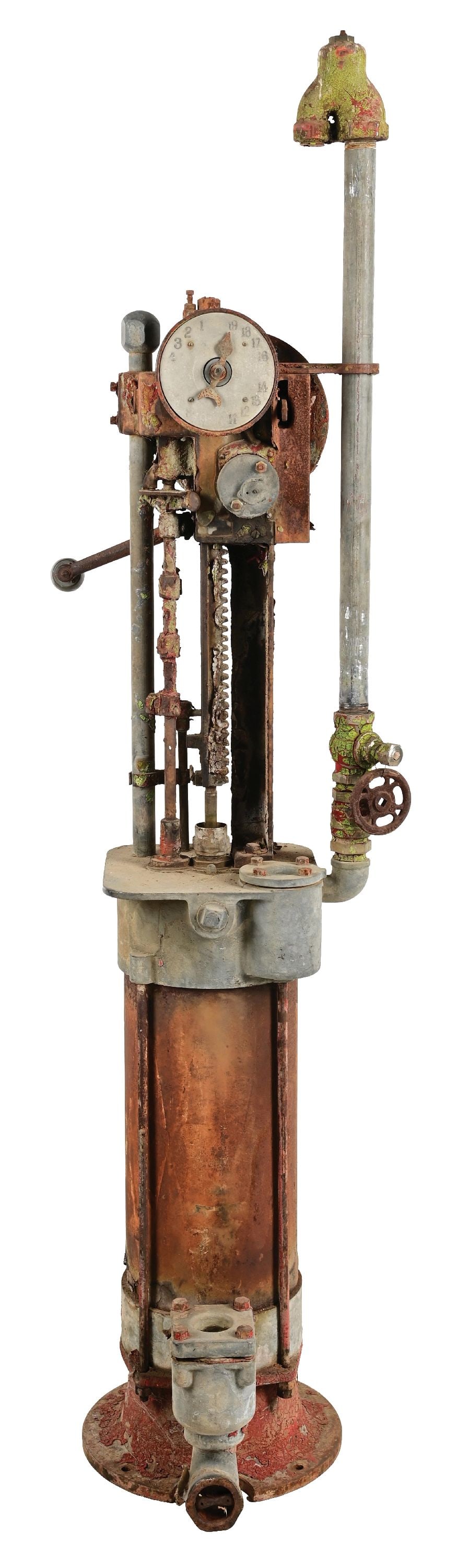 WAYNE CURBSIDE GAS PUMP: C. 1910s. CONDITION: In original as found condition showing areas of original paint throughout appearing to be Associated Gasoline. Moderate to heavy wear throughout displaying nicely as is or a great