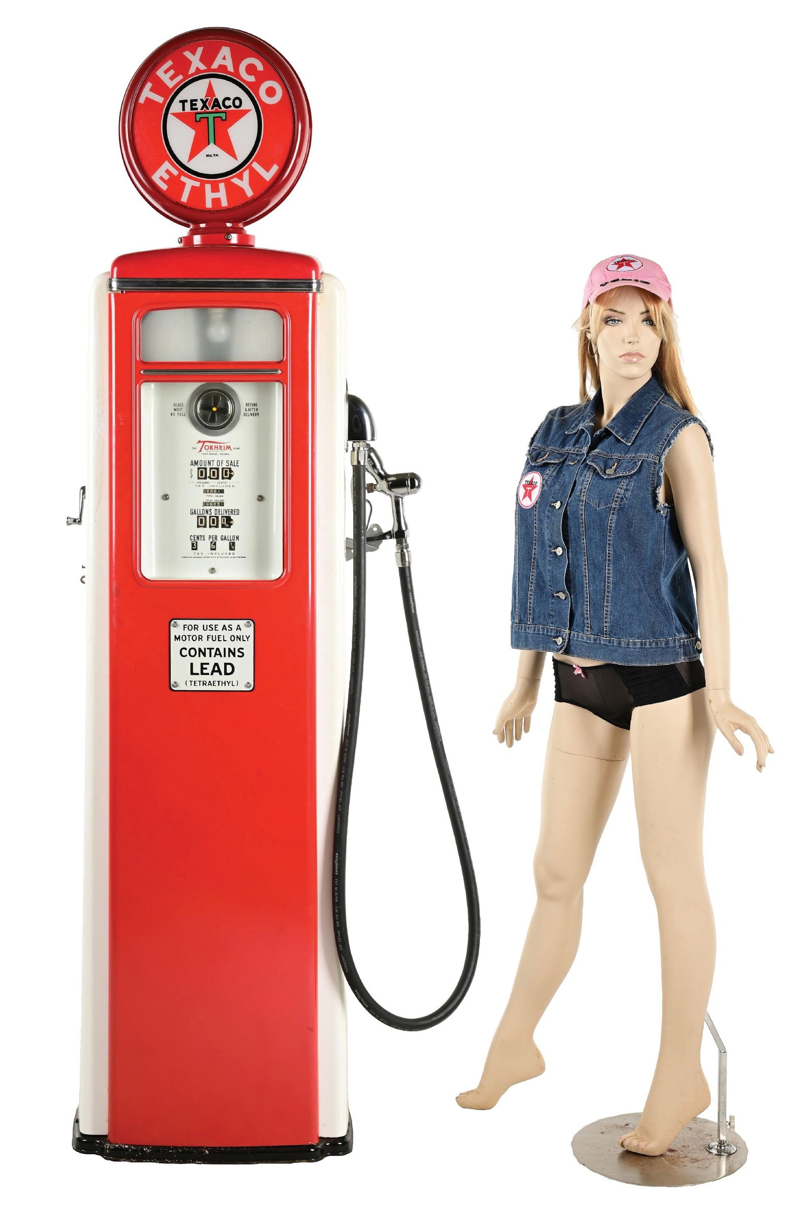 TOKHEIM MODEL #39 GAS PUMP WITH "TEXIE" MANNEQUIN SERVICE STATION ATTENDANT.: CONDITION: Pump showing an excellent restoration done in Texaco and shows a black hose with polished nozzle. Pump shows reproduction Texaco globe included as well as "Texie" the mannequin showing off