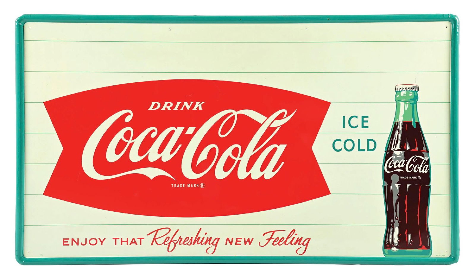 OUTSTANDING DRINK COCA-COLA ICE COLD SELF-FRAMED TIN BILLBOARD SIGN WITH BOTTLE GRAPHIC: SST. Marked M.C.A. An incredibly clean example, most likely NOS. CONDITION: Brilliant color & gloss throughout appearing never hung or used. Extremely clean bottle graphic with only a few faint