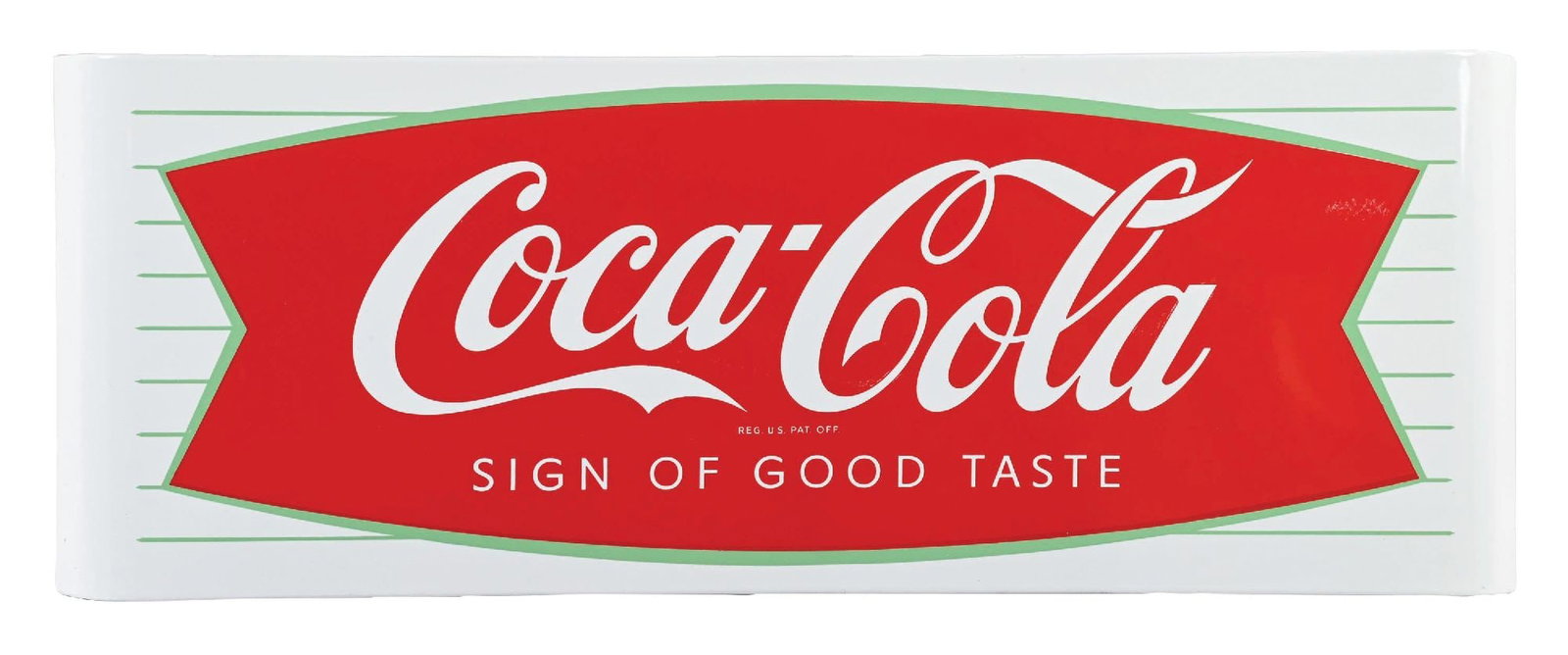 COCA-COLA SIGN OF GOOD TASTE PORCELAIN SLED SIGN: SSP. C. 1950s. CONDITION: Excellent condition throughout showing brilliant color & gloss with very limited wear. Outer edges are extremely clean with no notable wear. Most likely n.o.s. An