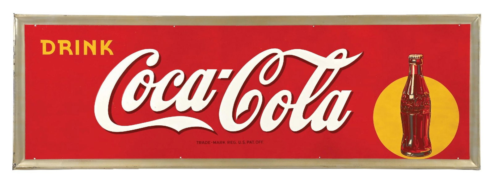 DRINK COCA-COLA SELF FRAMED EMBOSSED TIN SIGN W/ BOTTLE & SUNSPOT GRAPHIC.: SST. Marked Robertson & Dated 1940. CONDITION: Excellent color & gloss throughout the field showing only a few minimal areas of surface scratching with a very clean bottle graphic. Sign shows touch up