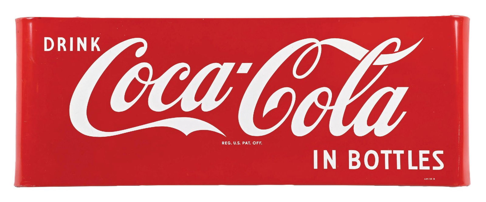 DRINK COCA-COLA IN BOTTLES TIN SLED SIGN: SST. Maker Marked A.M. & Dated 1955. CONDITION: Excellent color & gloss throughout the field showing no notable field wear with clean script. Minimal wear at the mounting holes with light wear at the 