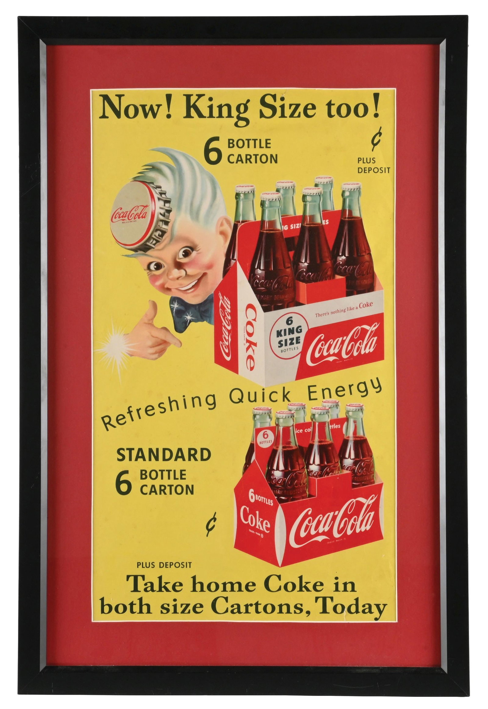 NOW! KING SIZE TOO! FRAMED COCA-COLA ADVERTISING SIGN W/ SPRITEBOY GRAPHIC.: Single Sided Framed Poster for Coca Cola showing Spriteboy with Six Pack Graphic. C. 1950s. CONDITION: Excellent color throughout showing minimal surface wear with excellent condition graphics. Sign i