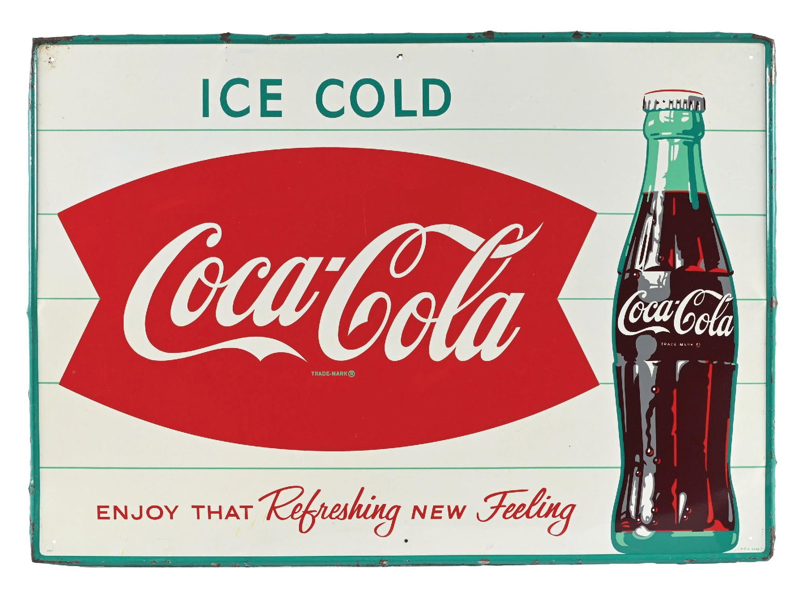 ICE COLD COCA-COLA "ENJOY THAT REFRESHING NEW FEELING" SELF FRAMED TIN SIGN: Single Sided Tin, Maker Marked M.C.A. CONDITION: Excellent color & gloss throughout the field showing only light surface wear with outstanding condition bottle graphic. Paint wear along the raised out