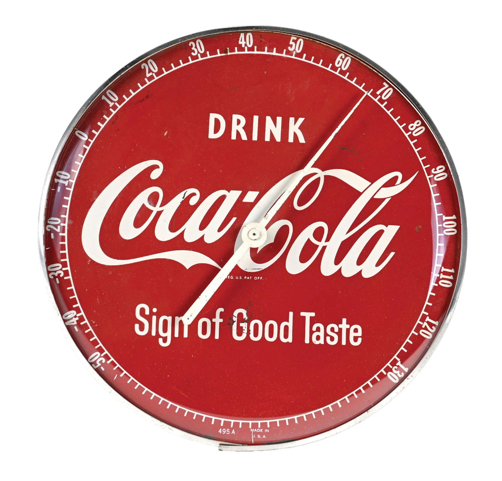 DRINK COCA-COLA SIGN OF GOOD TASTE ADVERTISING THERMOMETER: Single Sided Tin Thermometer showing outer glass face. CONDITION: Excellent color & gloss showing some minor surface scratches. In working condition with outer glass and metal casing in excellent cond