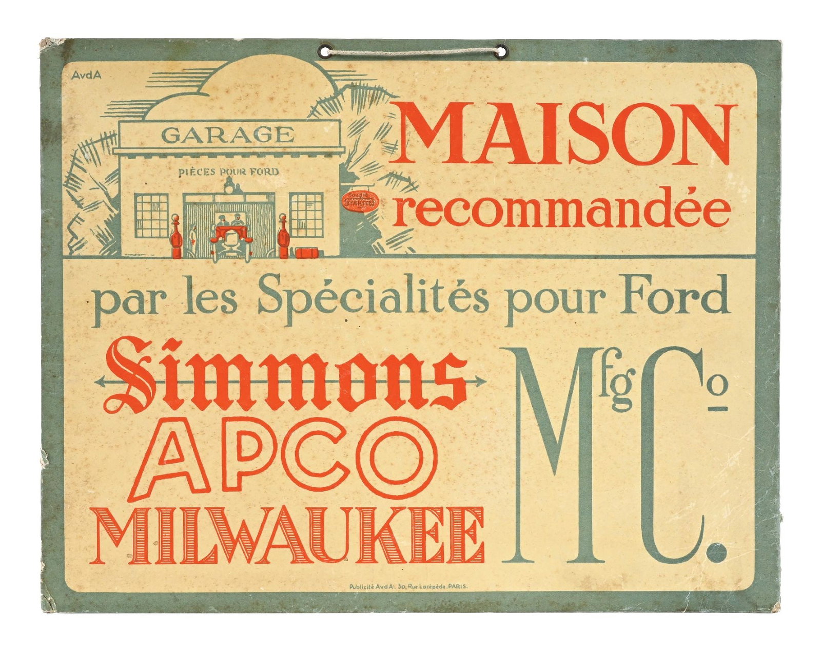 GARAGE RECOMMENDED FOR FORD CARDSTOCK SERVICE STATION SIGN W/ CAR GRAPHIC.: Single-Sided Cardstock Sign. C. 1930s. CONDITION: Very good color throughout showing excellent early Car & Garage graphics. Light areas of age spotting in the lighter colors that appears removable if 