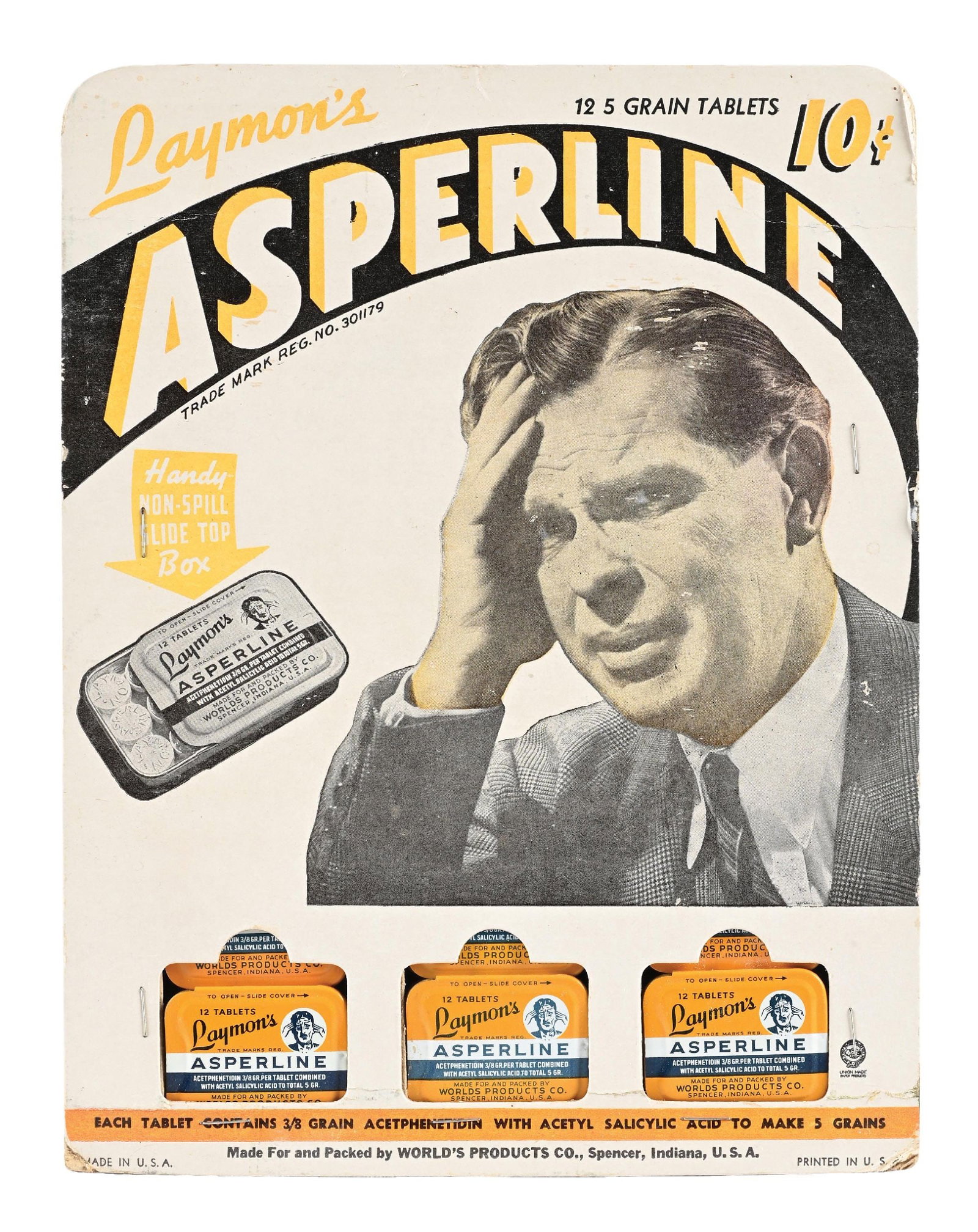LAYMON'S ASPERLINE 10¢ TABLETS CARDSTOCK STORE DISPLAY W/ PRODUCT: Single Sided Cardstock Store Display with Easel Back. C. 1950s. CONDITION: Very good color throughout showing clean field with detailed graphic. Display showing all original tin product tins intact wi