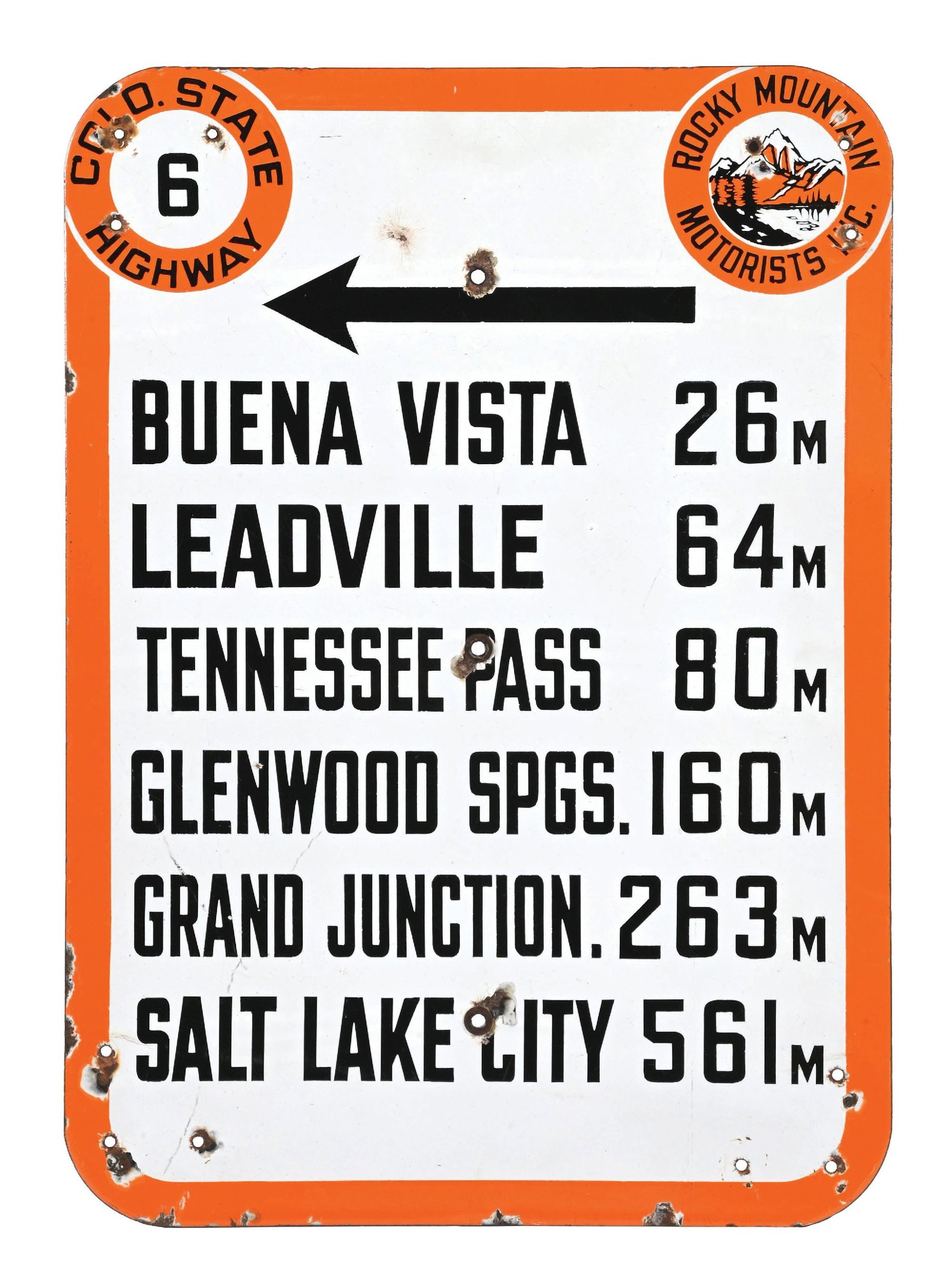 COLORADO STATE HIGHWAY 6 PORCELAIN MILEAGE MARKER SIGN: SSP. C. 1930s. CONDITION: Excellent color & gloss showing clean field. Minor areas of chipping at the mounting holes in the center. Added holes along the outer edges in the corners. Minor areas of chi