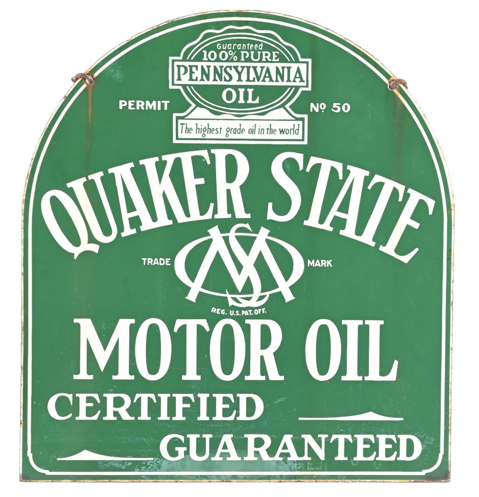 QUAKER STATE MOTOR OIL PORCELAIN SIGN.: DSP. Marked Baltimore Enamel. CONDITION: Showing very good color & gloss throughout each side with some minor chipping as well as some areas of staining in the outer field. Sign shows some discolorati