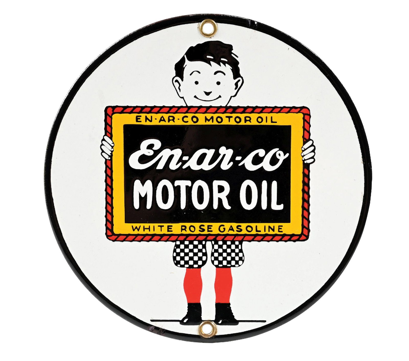 OUTSTANDING EN-AR-CO MOTOR OIL PORCELAIN SIGN W/ SLATEBOY GRAPHIC. (1 of 2)