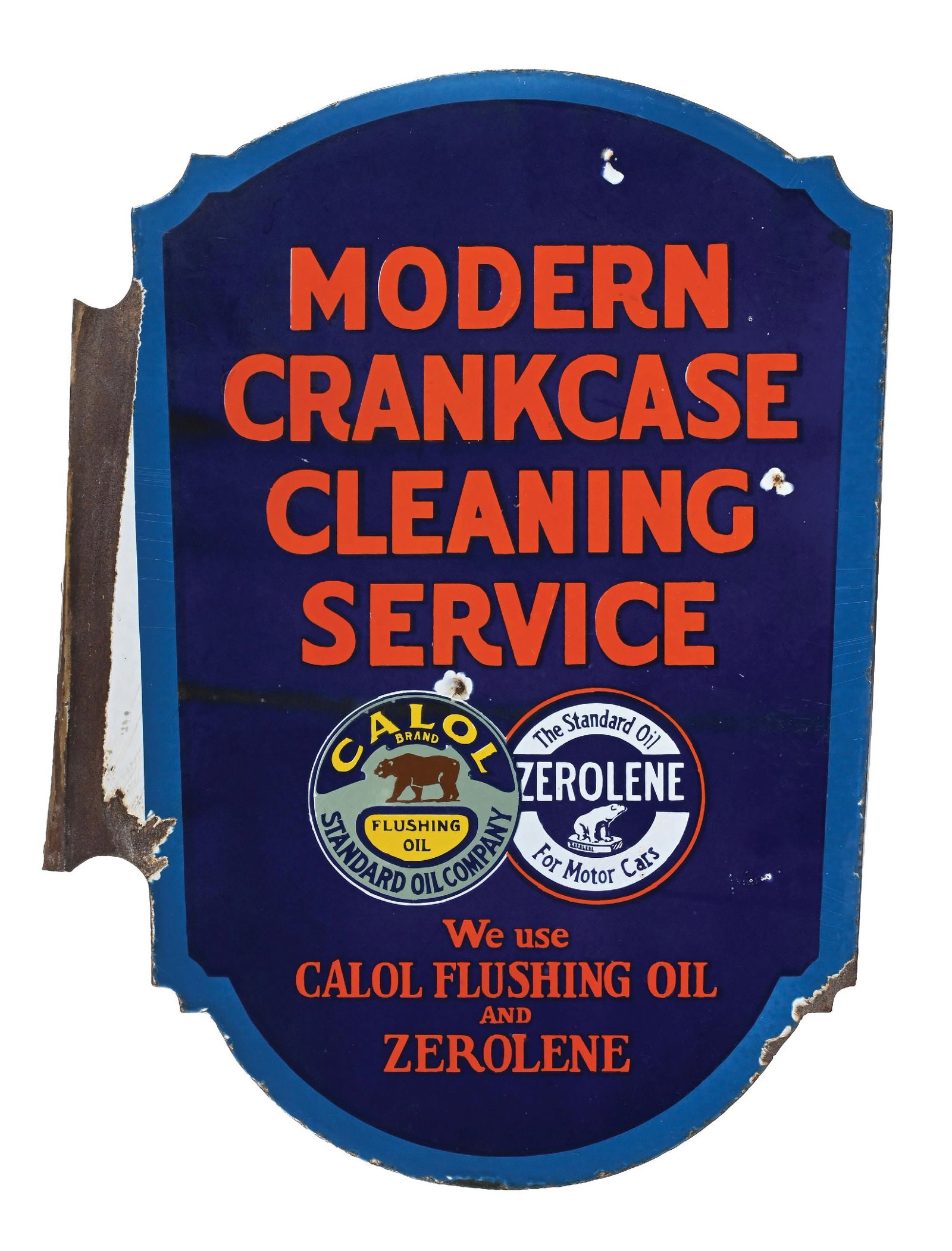 EXTREMELY RARE ZEROLENE MOTOR OILS CRANKCASE CLEANING SERVICE PORCELAIN SIGN.: Double-Sided Porcelain Flange. C. 1910s. Standard Oil Company of California. CONDITION: Bright color & gloss throughout with each side, showing mint condition graphics for both Zerolene & Calol, each 